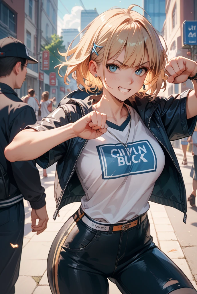 (1girl),large breasts, breasts, tan, dewy skin, sweaty skin, wavy blonde hair, punk tshirt, punk girl