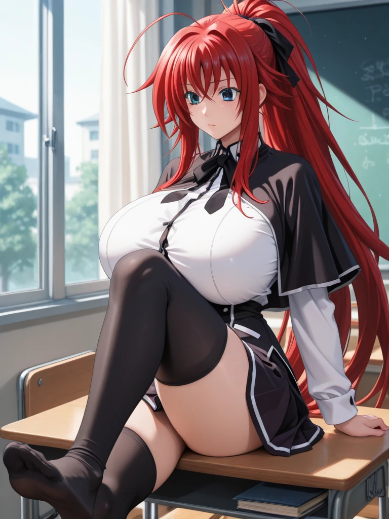 (Masterpiece:1.2, high quality:1.2), (solo:1.2), (1girl:1.2), (pixiv:1.4), (Rias gremory), indifferent, (glare:0.8), crimson red hair, wavy long hair, sharp bangs, crystal green eyes, (detailed eyes), double eyelids, black eyeshadow, long eyelashes, pale red lips, beautiful face, detailed face, neckline, busty cleavage, (beautiful round breats:1.2), school uniform, unbuttoned shirt, pleated skirt, skirt lift, white panty, exposed pantyhose, detailed pussy, (pov from below), stockings, leaning on desk, beside window, windowsill