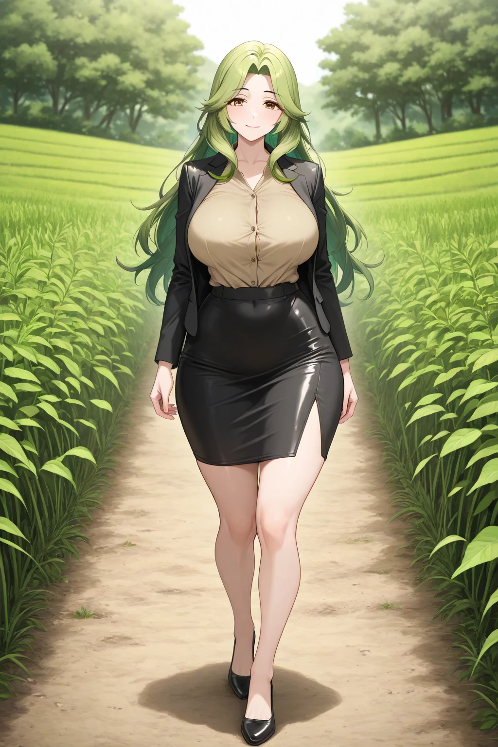 full body shot, 1girl, mature woman, green hair, rounded glasses, witch's costume, ankle length skirt, thigh split, witch hat, gigantic breasts, hanging breasts, nagatiti, wide hips, pantyhose, boots, high heeled boots, one hand on hip, smile, forest background, masterpiece, 8k
