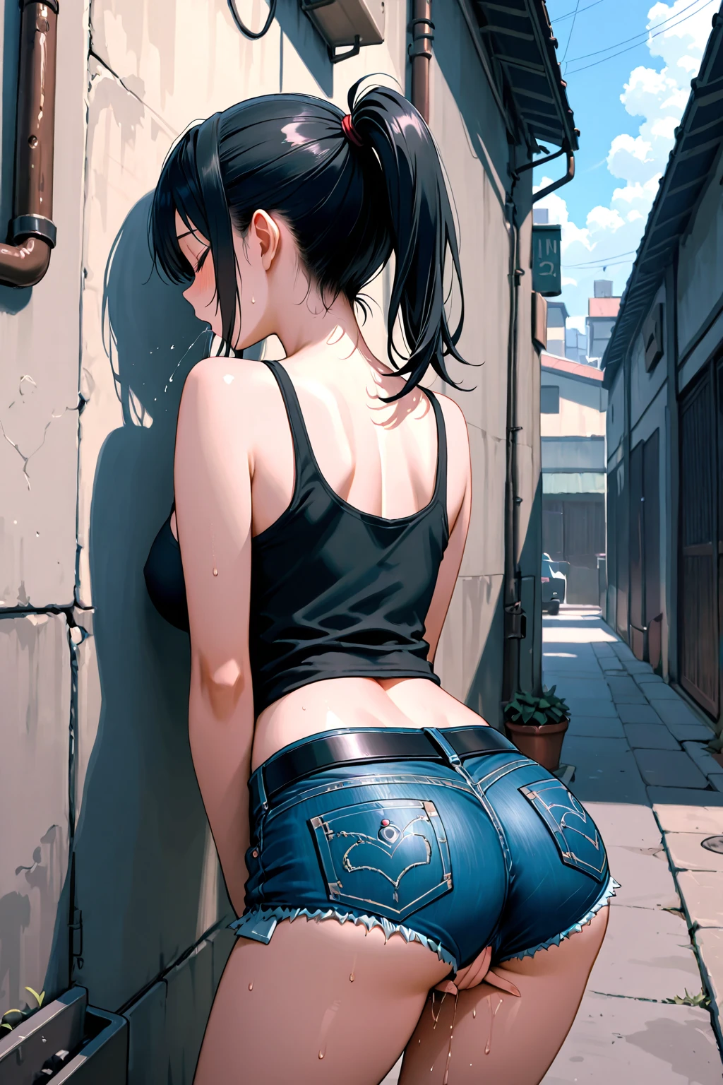 (((profesional: paso a paso, taking into account even the smallest detail, Resultado final a nivel de Dios, imagen: todos los detalles intrincados, todo el cuerpo con detalles intrincados, Solo 1girl, tiro medio largo)))): " una chica, dark brown hair, pelo largo(cola de caballo atada a una cinta azul), flequillo largo, ojos rojos, ojos bonitos, Cuerpo perfecto, muslos gruesos, manos perfectas, camiseta blanca, blue long raglan sleeves, pantalones cortos rojos (Textura de mezclilla), Shy pose, en bosque abandonado, columnas griegas abandonadas, Restos, Autumn, Atardecer, Colored tabs, white lashes"