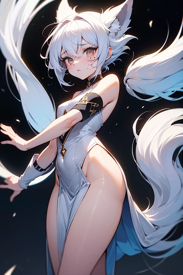 (hyper realist), (illustration), (high resolution), (8K), (extremely detaild), (best illustration), (beautiful detailed eyes), (best qualityer), (ultra detali), (work of art), ( wall-paper), (face detailed), standing alone, 1 girl, wavy white hair, korean, heterochromic eyes, small spots under the eyes, white loose shirt, yoga pants, breasts big, Legs long, tight abdomen, camel fingers, dynamic pose  