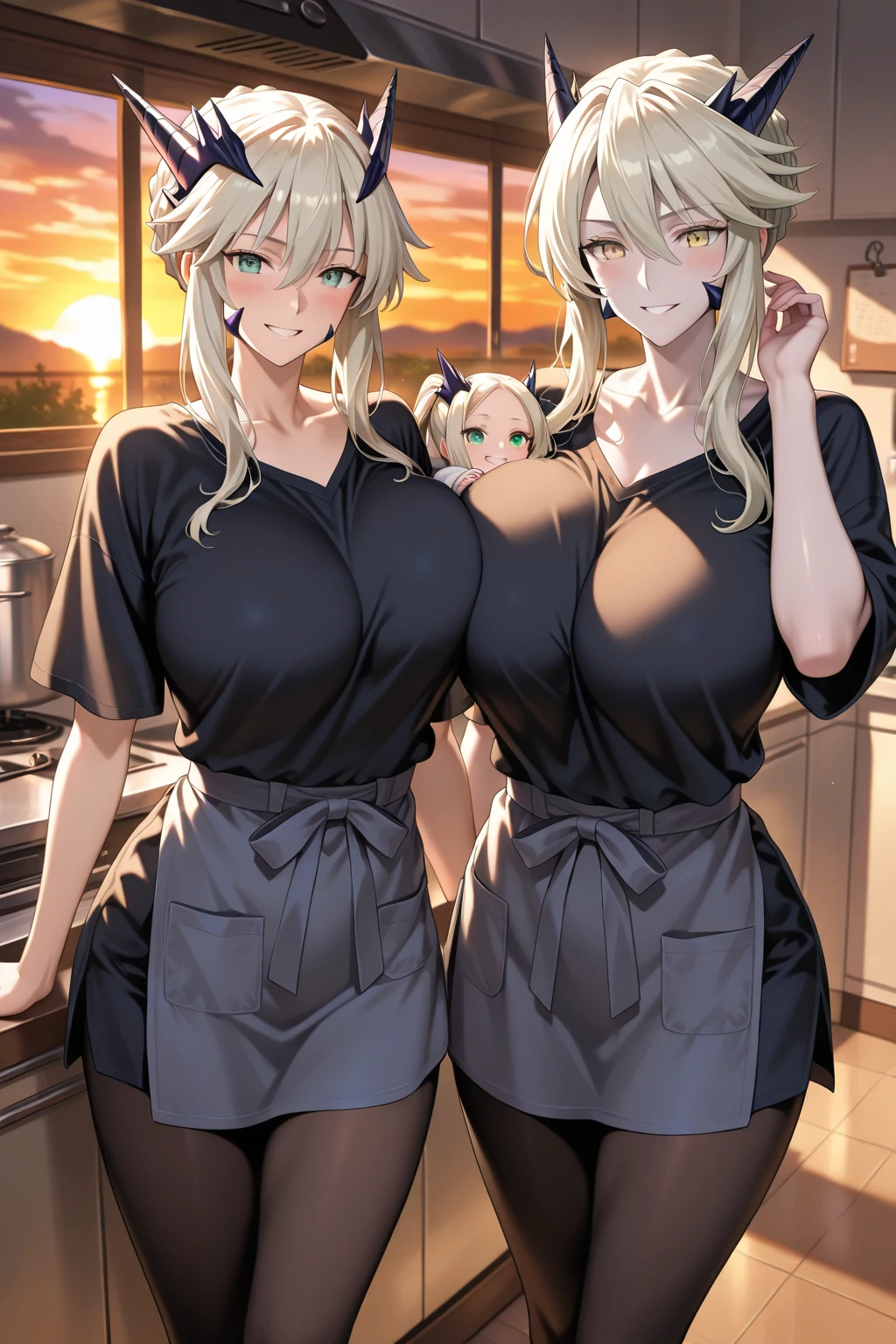 Best quality, massive breasts, massive ass, very curvy, dark brown skin, long blond hair, yellow eyes, slutty, gyaru, full lips, seductive, smiling, kitchen, white clothes,  darkskin, tan, white clothes,1 girl