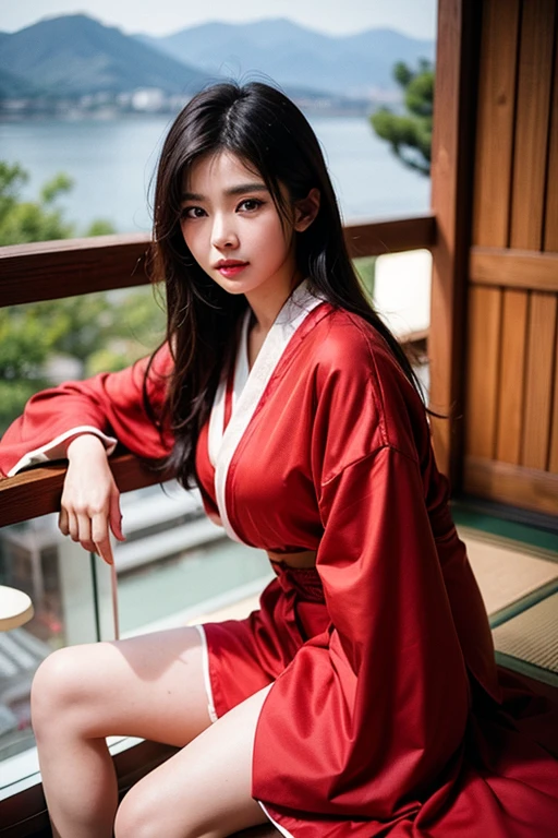 Red riding hood with brown eyes and long hair in sexy clothes in a cabin in the forest night photo shoot