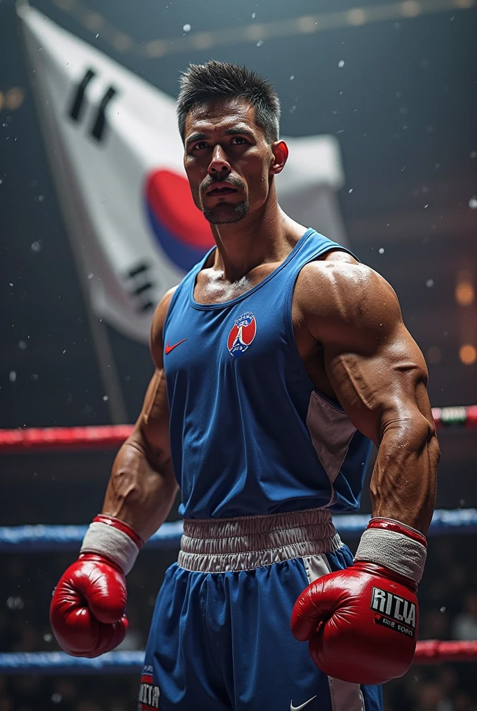 hairy, muscular boxer, has straight black hair on his chest, large flexed biceps, leather red fat big gloves oversized, laces and tapped and has his hands raised in a sign of victory, he is over a boxing ring, he wear small briefs and long boxing boots, use a boxing head gear, short hair cut, show his hairy armpits, he is on a boxing vintage gym, his opponent are behind him ready to fight, showing his muscles