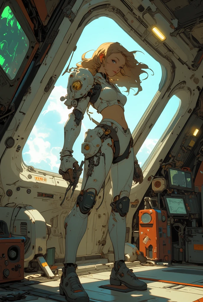 arafed image of a woman in a bikini standing in front of a giant robot, les edwards poster art, netfilx !n-9, terry moore, inspired by Konstantin Vasilyev, boardgamegeek, in intergalactic japan, mark brooks detailed, el dorado, dreamcast, pioneering aesthetic --auto --s2