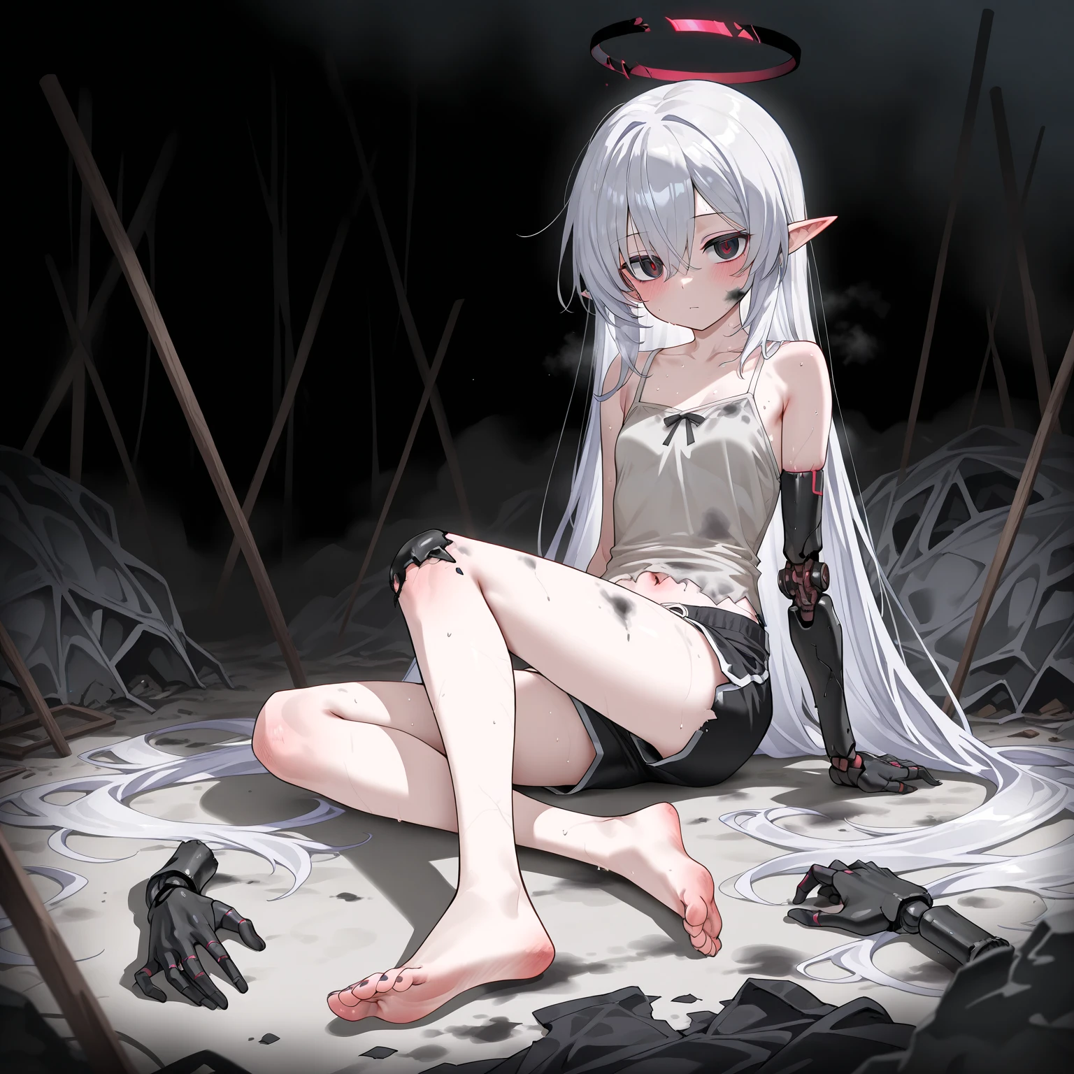 Gray hair and red eyes,Smelly feet、Small waist、ribs stand out