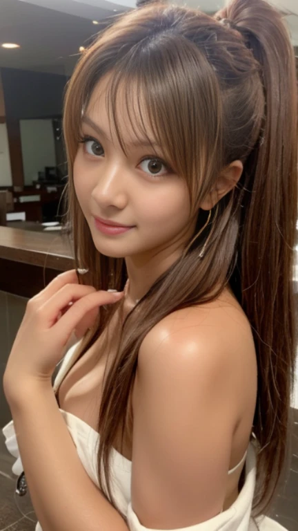 (highest quality、8K masterpiece、超A high resolution)、(Realistic:1.3)、highest qualityの柔らかな自然光, RAW Photos、Extremely detailed CG, 1 girl、pale, Shine, Translucent skin:1.2、((Ultra-Realistic Details))、Portraiture、Global Illumination、Octane Rendering, Shadow、8k、Ultra Sharp、Very intricate details、With a small face、(Cute Smile)、Beautiful Eyes、Staring at a lover、(Shiny Hair long twin tails of brown color,, 、Voluminous Hair:1.3、Thick Hair:1.2 ), (Big ample breasts:1.2)、Thin cheeks、Random Color Bra、( Push out your chest:1.2 )Cleavage、