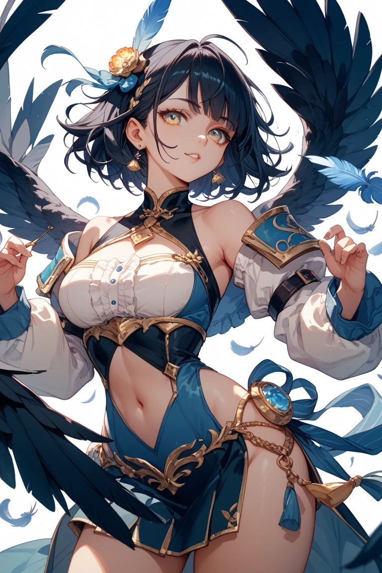 4K,hight resolution,One Woman,Harpy,Dark blue hair,Short ponytail,Bright blue eyes,one white winged,golden toenails,samurais,暗い青色のsamuraisの鎧