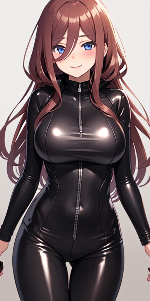 Erotic,Persona 4 Mitsuru、Orange long wavy hair、Curly Hair、 Big Breasts、Black open duffle coat,White racing swimsuit　leotard　Pink line、Female Spy、Black Background、Dimly lit bedroom , Evil、 Erotic Sneer、Lightly open your mouth、Upper Body
