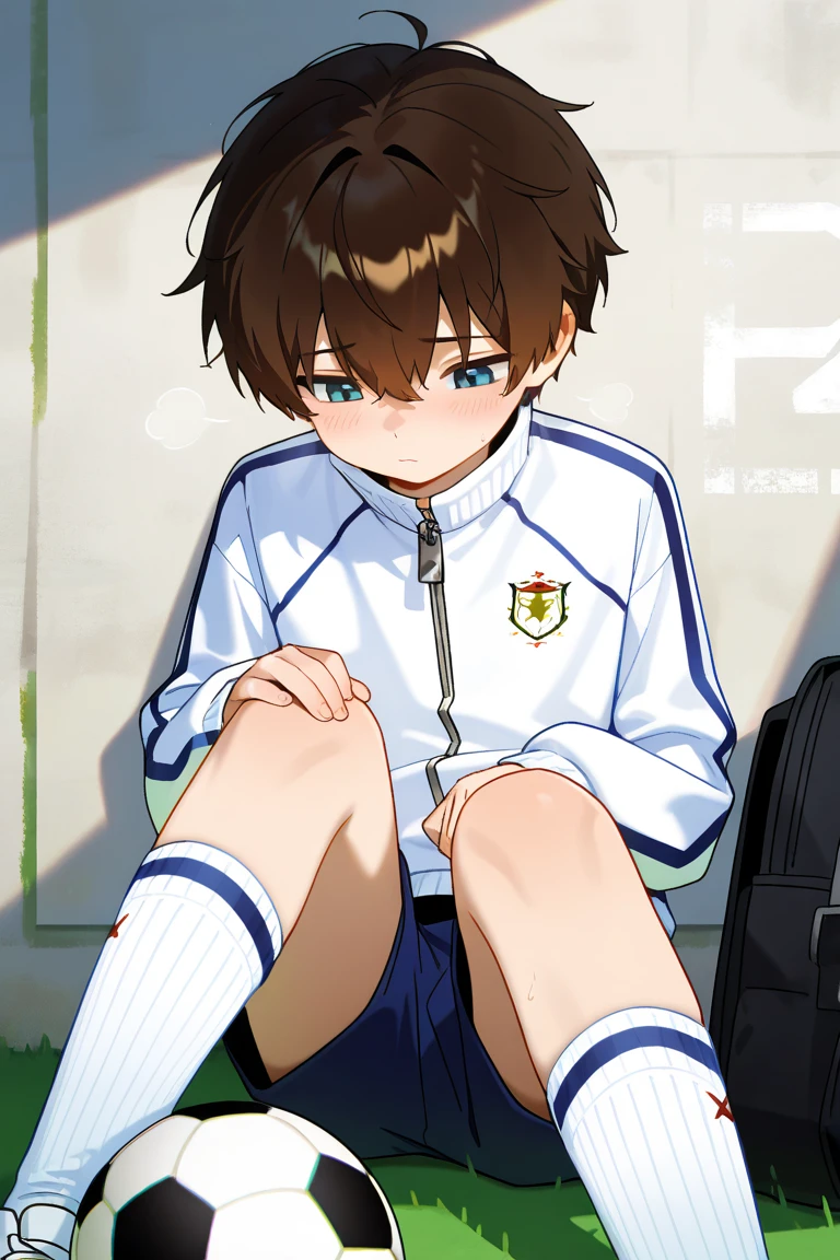 Kid boy, 12 years old boy, shirtless, open widely leg, sit pose, front , football pant, crotch bulge