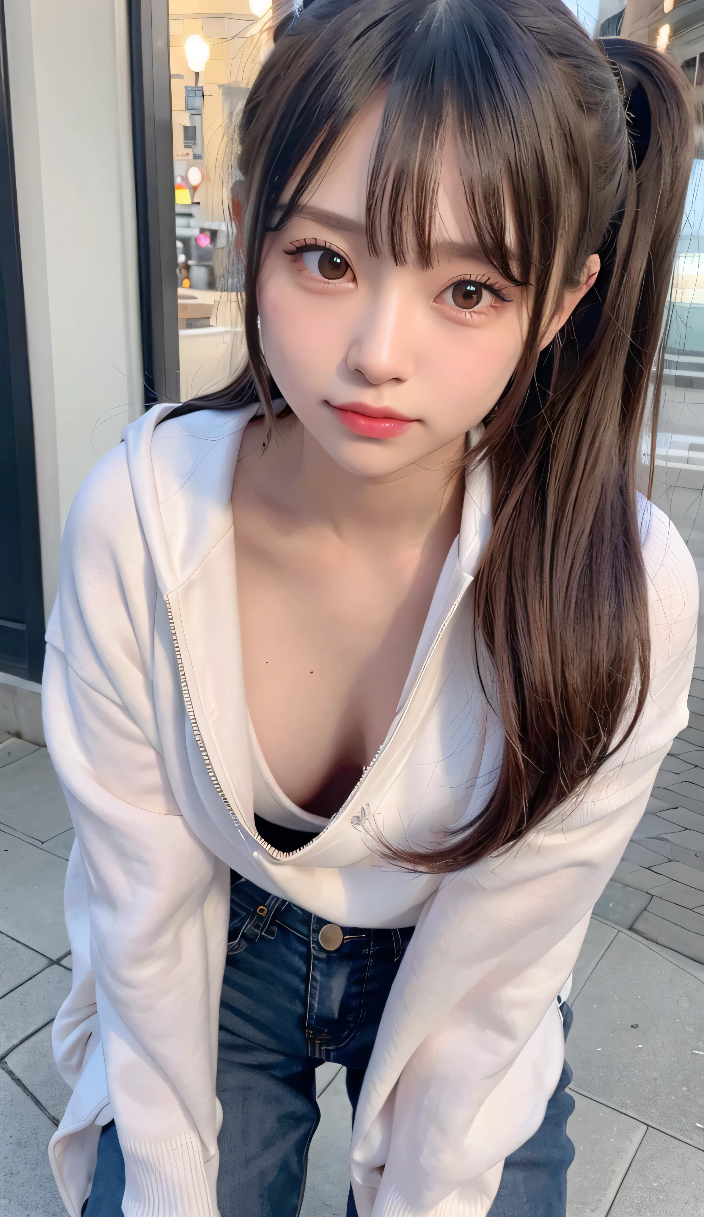 Upper Body, One girl, Gray Hair, ponytail, Purple eyes, (Ninja), dagger, Medium Breasted ,scarf, wallpaper, magic circle background, Particles of light, Blue Fire,Nipples are visible、Smile、Big Breasts