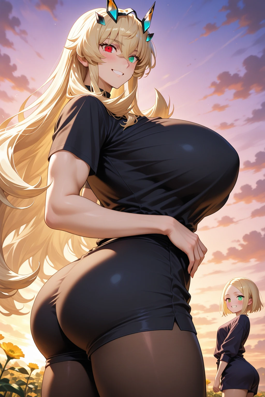 Very detailed、Highest quality、Best image quality、masterpiece、8k、Medium Long Hair、Blonde curly hair、(Big eyes)、(Puffy eyes)、Open mouth smiling、(SFW Huge Body)、(((Rear View)))、Cowboy Shot、Wear laces、Two women standing side by side with their butts facing the viewer