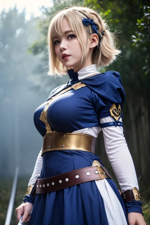 Cassandra Alexandra, (hairband), (armor:1), necktie, pantyhose, (white elbow gloves:1.5), (short blonde hair:1.5), dress, (detailed eyes:1.2), 1girl, seductive expression, sexy eyes, big breasts, smile, cute, looking at viewer, (breast focus:1.2), (realistic), (cowboy shot:1.2), (masterpiece:1.2), (best quality), (ultra detailed:1.5), (8k, 4k, intricate), (85mm), light particles, (highly detailed:1.2), (detailed face:1.2), (gradients), colorful, (detailed eyes:1.2), (in a countriside field:1.2) (detailed background), (dynamic angle:1.2), (dynamic pose:1.2), (rule of third_composition:1.3), (Line of action:1.2), daylight, solo.