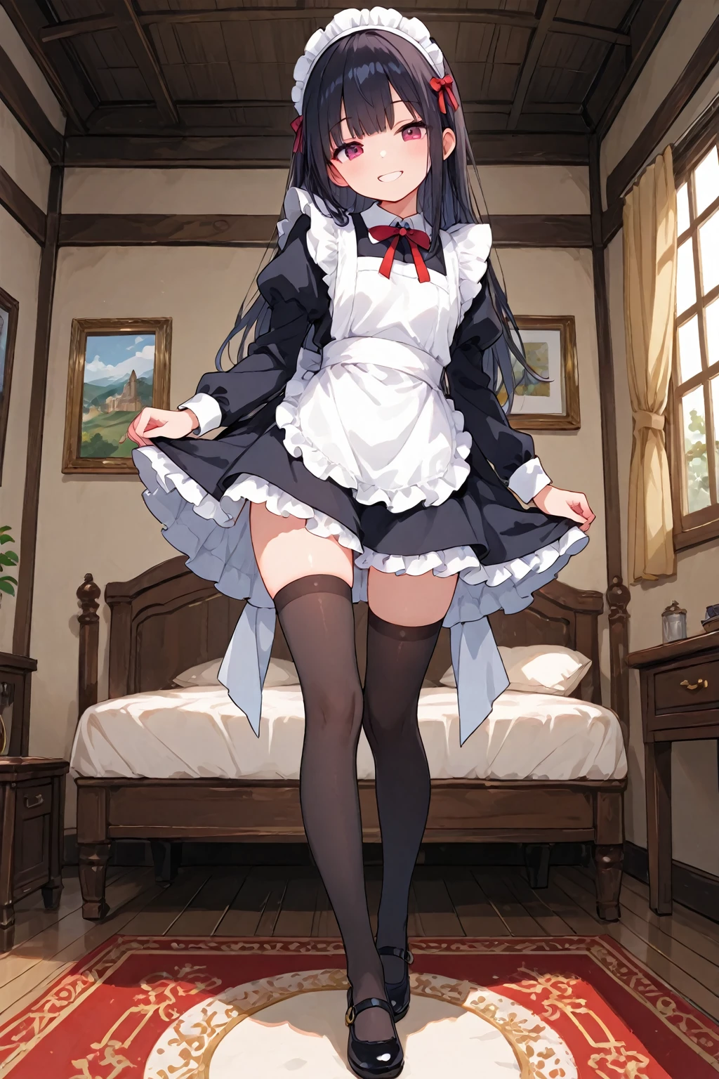 woman, maid hot, Black hair, long hair, happy, beat quality, Full body, HD, 8k, Inside home
