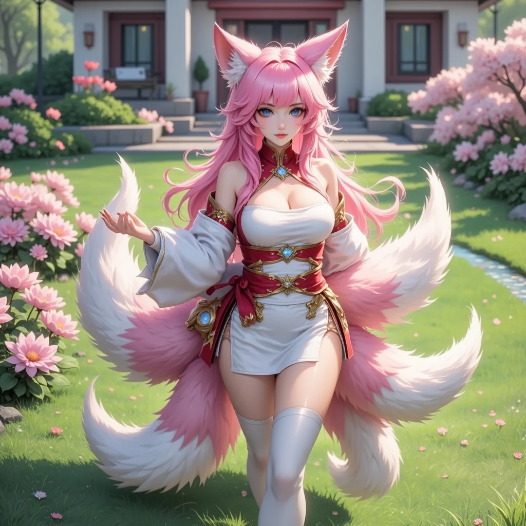 (Masterpiece: 1.2), best quality, ultra-detailed, beautiful CG illustration depicting a pretty white-haired fox girl with sweet green eyes, a red nose, and moist cheeks. She was wearing shorts and standing high. The white fur and pink embellishments are breathtaking, and each pose shows a sensual temperament with beastly beauty.