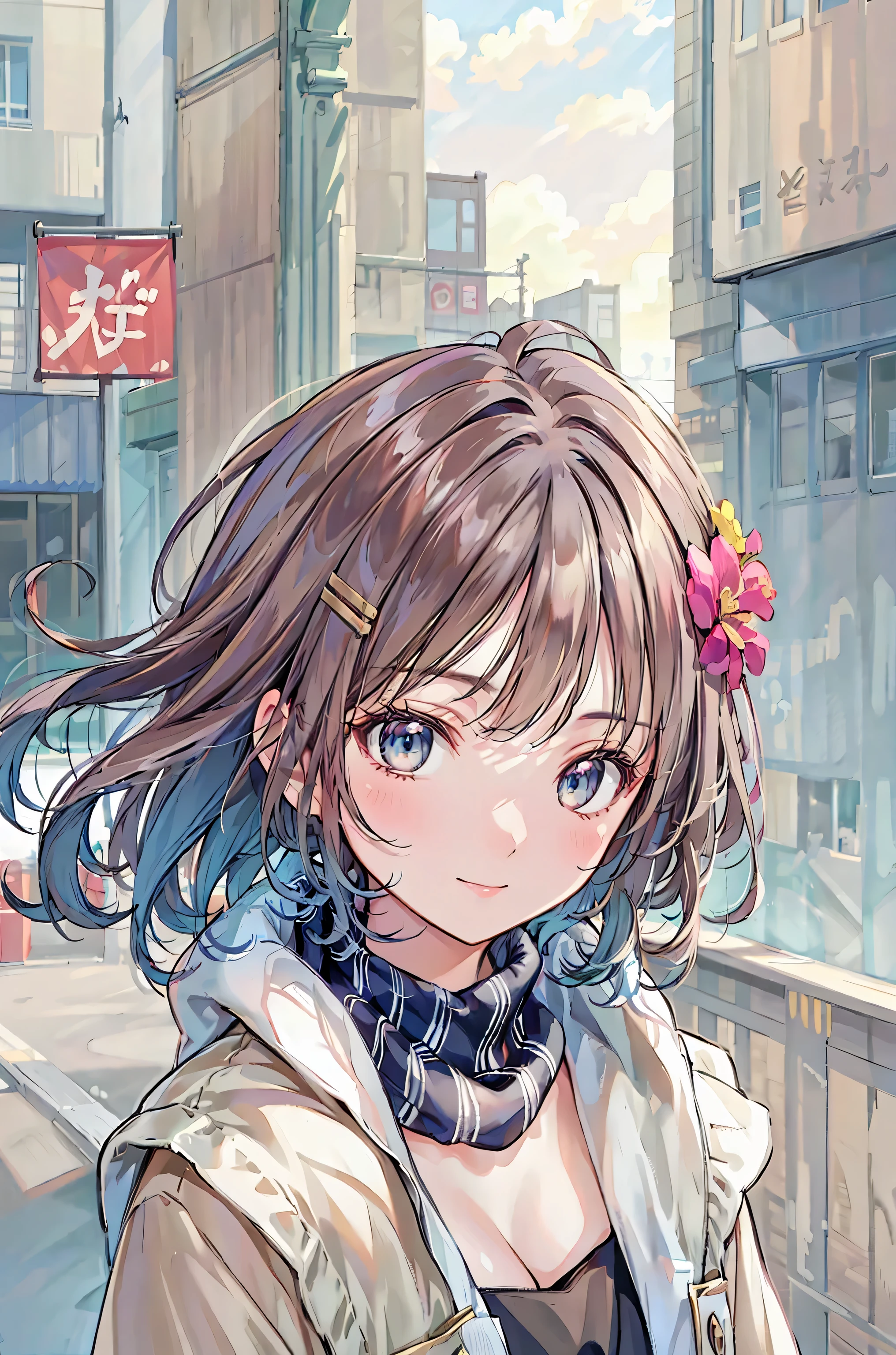 (masterpiece),(top quality:1.2),single girl,(masterpiece:1.3),Delicate Details, top quality8K解像度, Super Detailed, realistic, bright color, Soft tone, with warm and gentle lighting,(beautiful plaid scarf:1.3),( cute pink ruffle bow dress ,) (brown long coat:1.2) Early evening,Big Sunset,(smooth straight blonde hair:1.2),( split the hair in the center:1.3),(Glowing Hair),(dark blue eyes:1.3),white skin, hair clip, full of gentle and soft feelings ,( lots of flowers on the promenade ), And it draws attention , Warm Golden Glow,幸せと笑Yanに満ちた雰囲気 , As if celebrating love,Super Detailedな描写とbright color使いを徹底して. in a style that combines romanticism and realism、You can feel the depth of love,A palette of colors,create a fantastic, dreamy atmosphere,The lighting diffuses softly , in a style that combines romanticism and realism、Yan,作品はmasterpieceです,