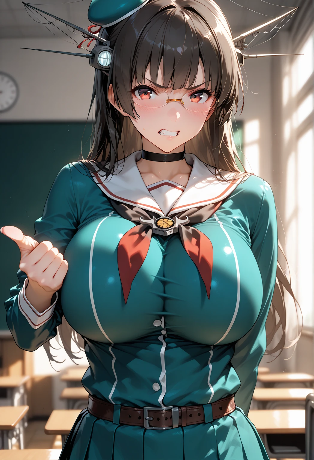 Masterpiece, detailed, anime classroom in the background, 1girl, anime girl, school girl,  girl, green sharp eyes, brown hair styled in a pony tail, big breasts, thigh-high socks, thick thighs, angry facial expression, pointing at viewer with a finger, 