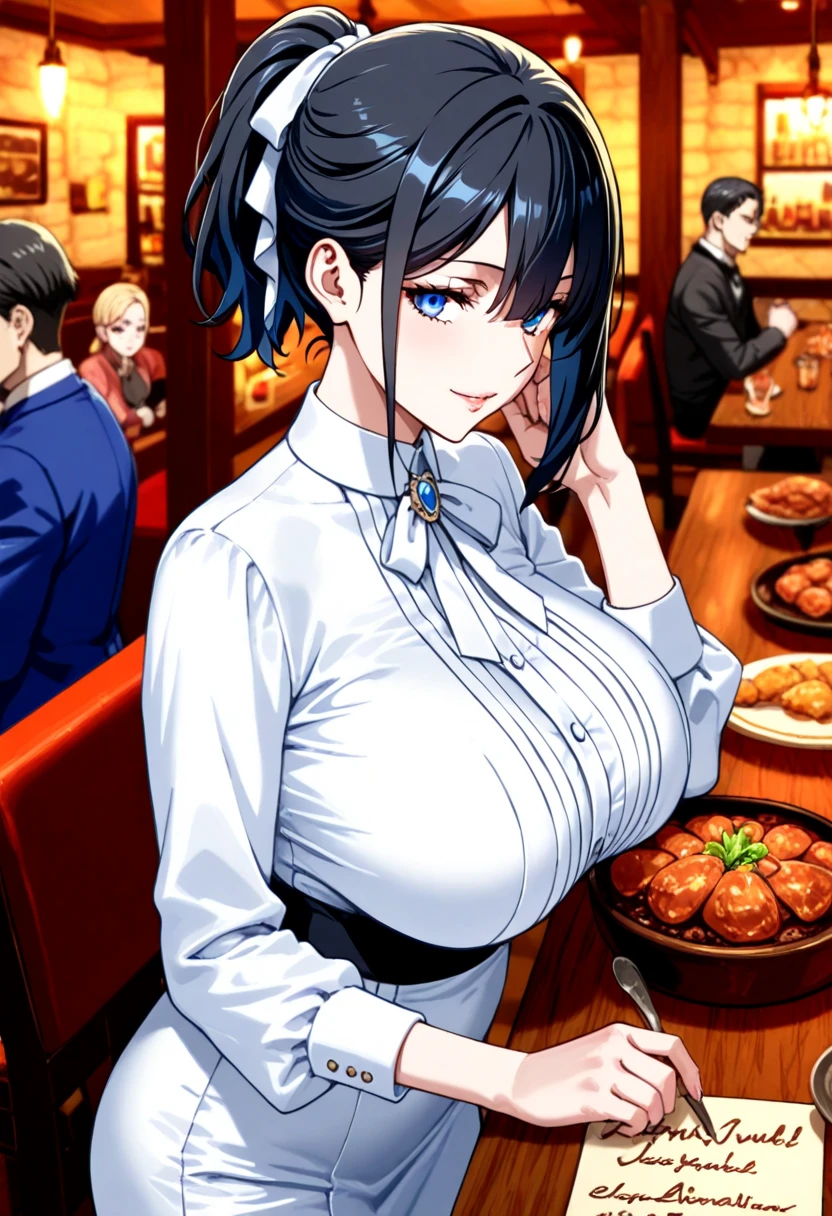 (masterpiece, best quality), female geriatric, elegant, sub-saharan african, amber eyes,  angular nose, cleft chin, soft jaw,  unusual forehead,  well-defined veins,   , chestnut fringe haircut hair, skepticism wearing thong, camisole,  beanie,, partially unbuttoned shirt, wearing a partially unbuttoned shirt, revealing a hint of skin and adding a touch of seduction, dramatic lighting, high contrasts and bold shadows to intensify emotions and create a passionate ambiance, a family dinner gathering, with a beautifully set table and heartfelt conversations
