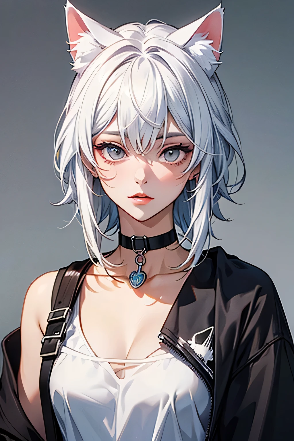 Please whiten the cat ear on the right。change the choker charm to a drop shape。add white mesh to the hair。