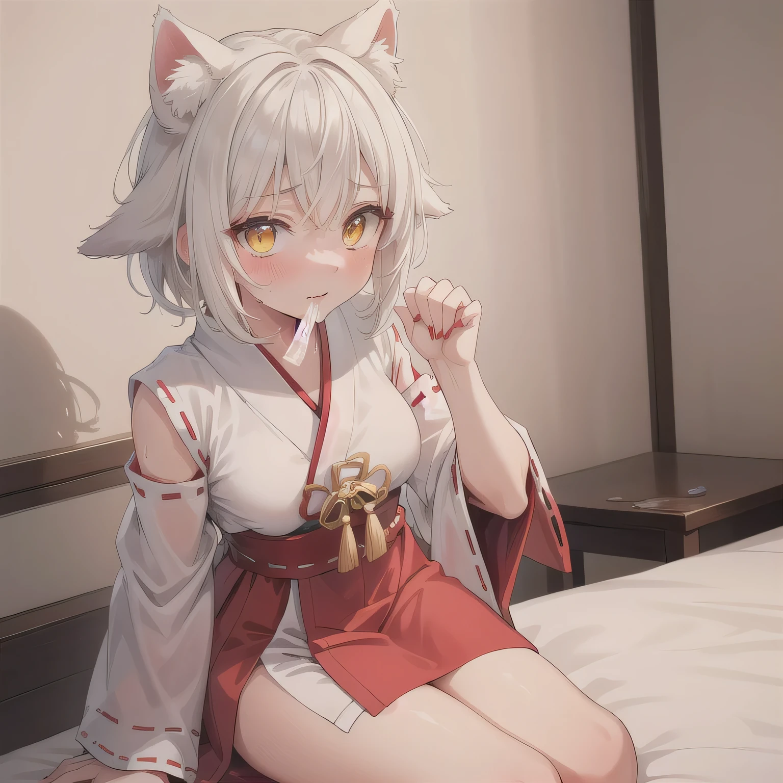 light red short hair,head decorated with yellow cloth,Breasts are super full,The figure looks petite,Smooth and delicate long legs,Wearing a milky white T-shirt,He wears a silver necklace around his neck,It has pink fox ears,And cute pink and white fox tails,This is a super beautiful girl