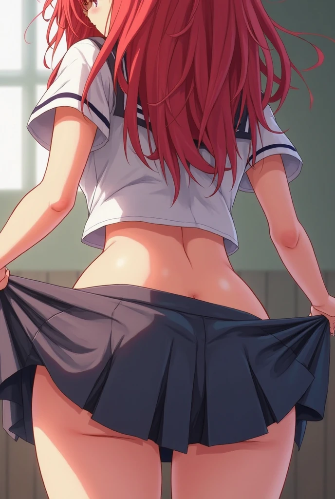 (extremely detailed CG unity 8k wallpaper),(masterpiece),(best quality),(ultra-detailed),(best illustration),(best shadow),(absurdres), Remi, 1girl, solo, twintails, bow, red bow, open mouth, bowtie, smile, school uniform, jacket, skirt, sunglasses on head, pink hair, red bowtie, looking at viewer, shirt, :d, anime coloring, Panty Pose, (Fully exposed panties:1.5)、(detailed panties:1.3)、(Skirt that rolls up:1.3)、(Skirt lift:1.3), Panty shots, looking back