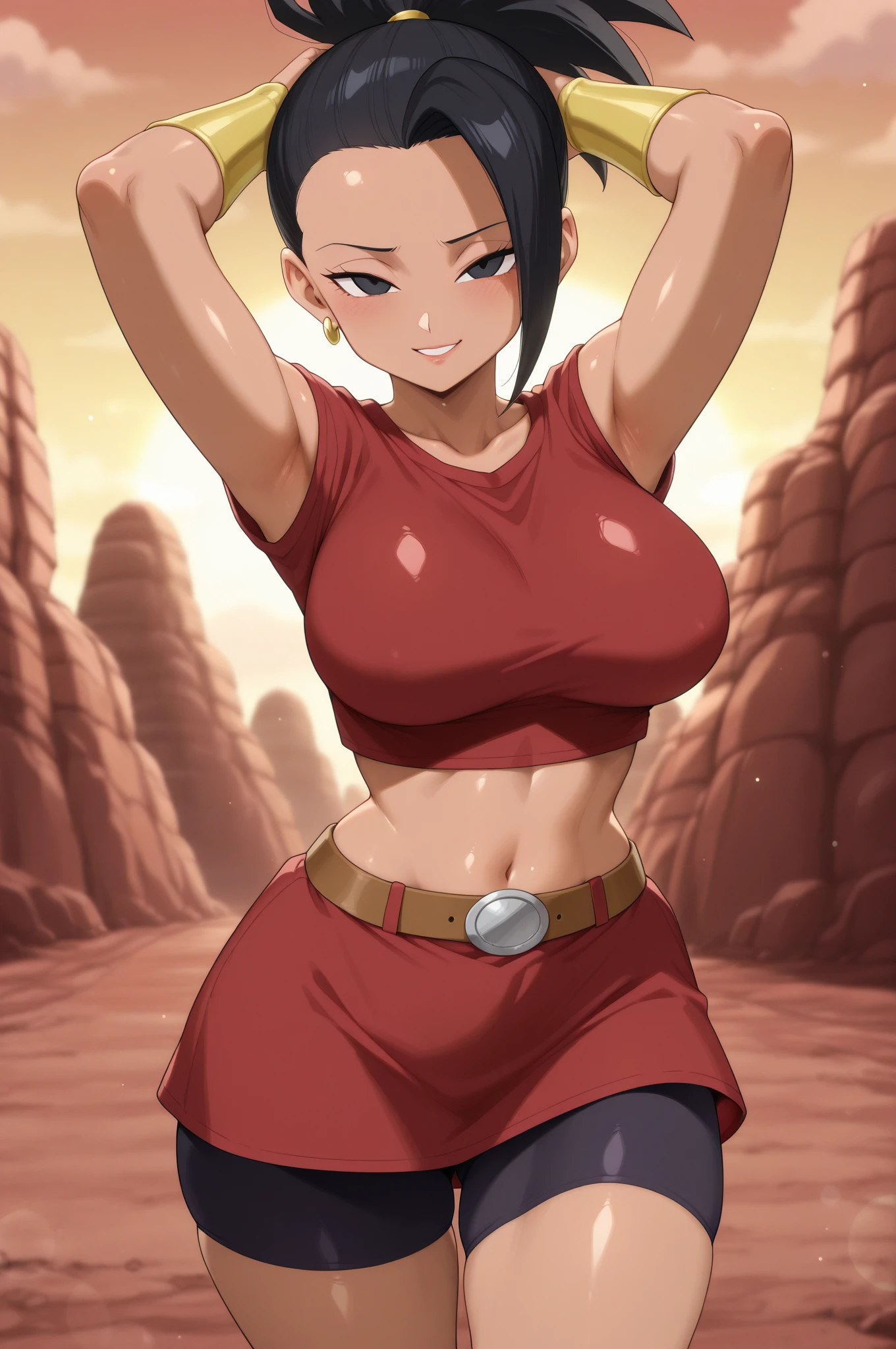 ultra-realistic 8K CG, masterpiece, ((ultra detailed background, fine drawing, intricate details, high detail, better quality fine details, hyper-detailed face)), (photorealistic: 1.4), beautiful lighting, absurdity, RAW photo, film grain, TyLee, 1girl, solo, brown hair, braid, smile, long hair, brown eyes, navel, (abs: 0.5), belly, braided tail, (leggings, chest bandages), (medium breasts, slim girl, wide hips, ass), ((complex detailed background, sand, outside, desert background, blue sky, tavern)), erotica,