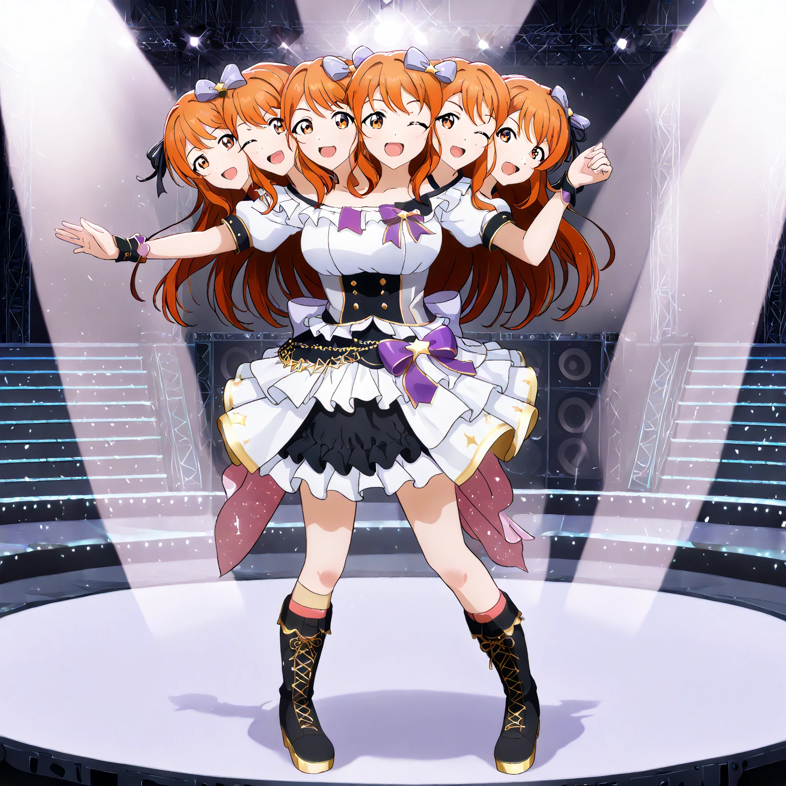 masterpiece, best quality, absurdres, <lora:Ogiso_Setsuna:0.9> Ogiso Setsuna, 1girl, brown eyes, (long hair, light brown hair, two side up:1.2), cleavage, choker, elbow gloves, white gloves, white dress, white thighhighs, frilled dress, BREAK 
nice hands, perfect hands, <lora:GoodHands-beta2:0.8>, (beaufitul hand, beautiful finger:1.15), stage, stage lights, sharp focus, (perfect anatomy), cowboy shot, [Cinematic lighting|Volumetric Lighting], looking at viewer