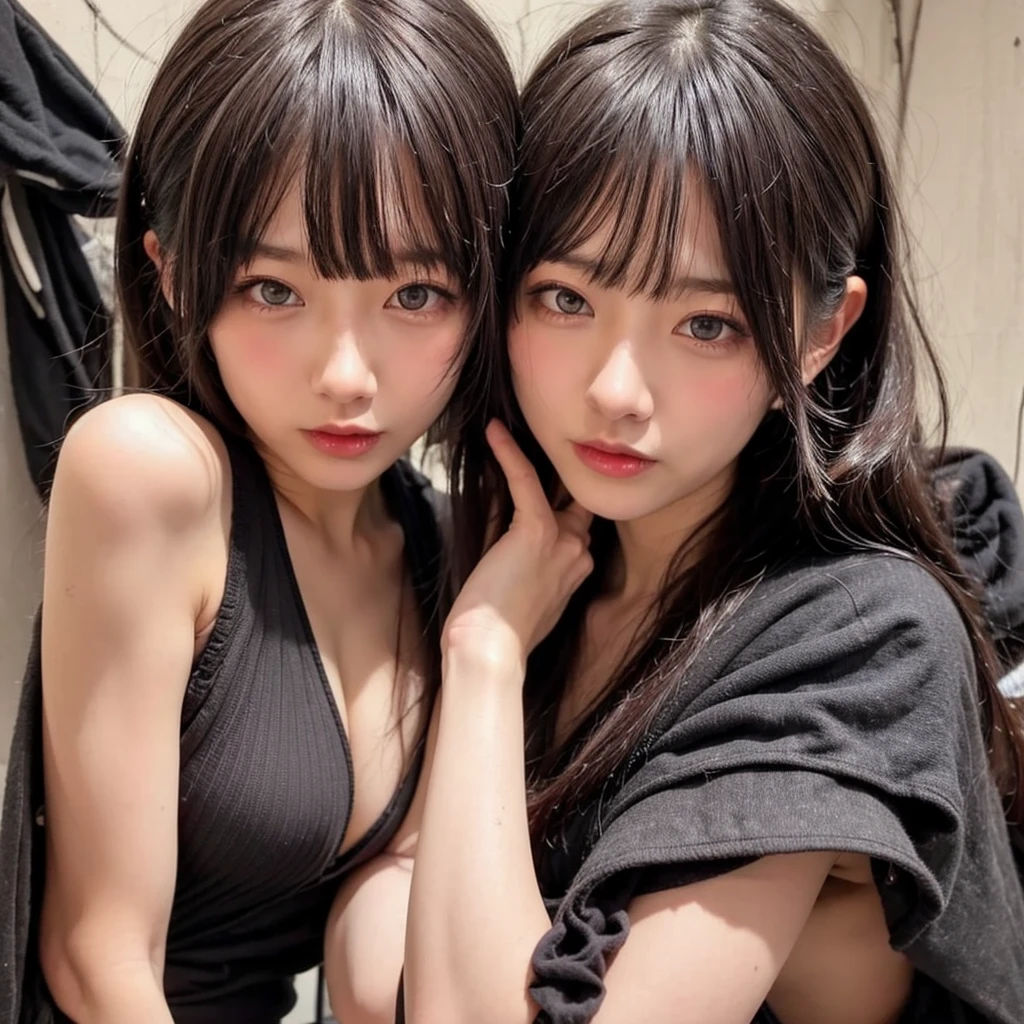 Dos mujeres en bikinis negros posando juntas para una foto, Hermoso retrato de Geminis Twins, beautiful gemini twins, con una gemela, Ella tiene el pelo negro con flequillo, inspirado por Wang Duo, foto de perfil, gemelos, ulzzang, con negro, Lily Frank, dos chicas, Imagen de perfil, Ayami Kojima y Lyde Caldwell, Dos modelos en el marco, Hermanas