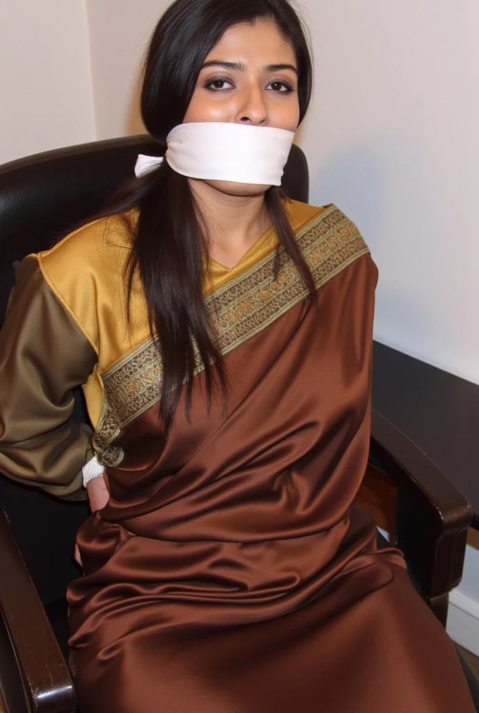 masterpiece, best quality, ultra-detailed, malay, mature face, milf, hijab, red eyes, gold earrings, large breasts, jewelry, off shoulder, red sweater, sweater dress, long sleeves, black pantyhose, ((tape gag, bdsm, rope)), in a room, sitting in a chair, hands behind back, realistic, volumetric lighting, intricate details, tonemapping, sharp focus, hyper detailed,
