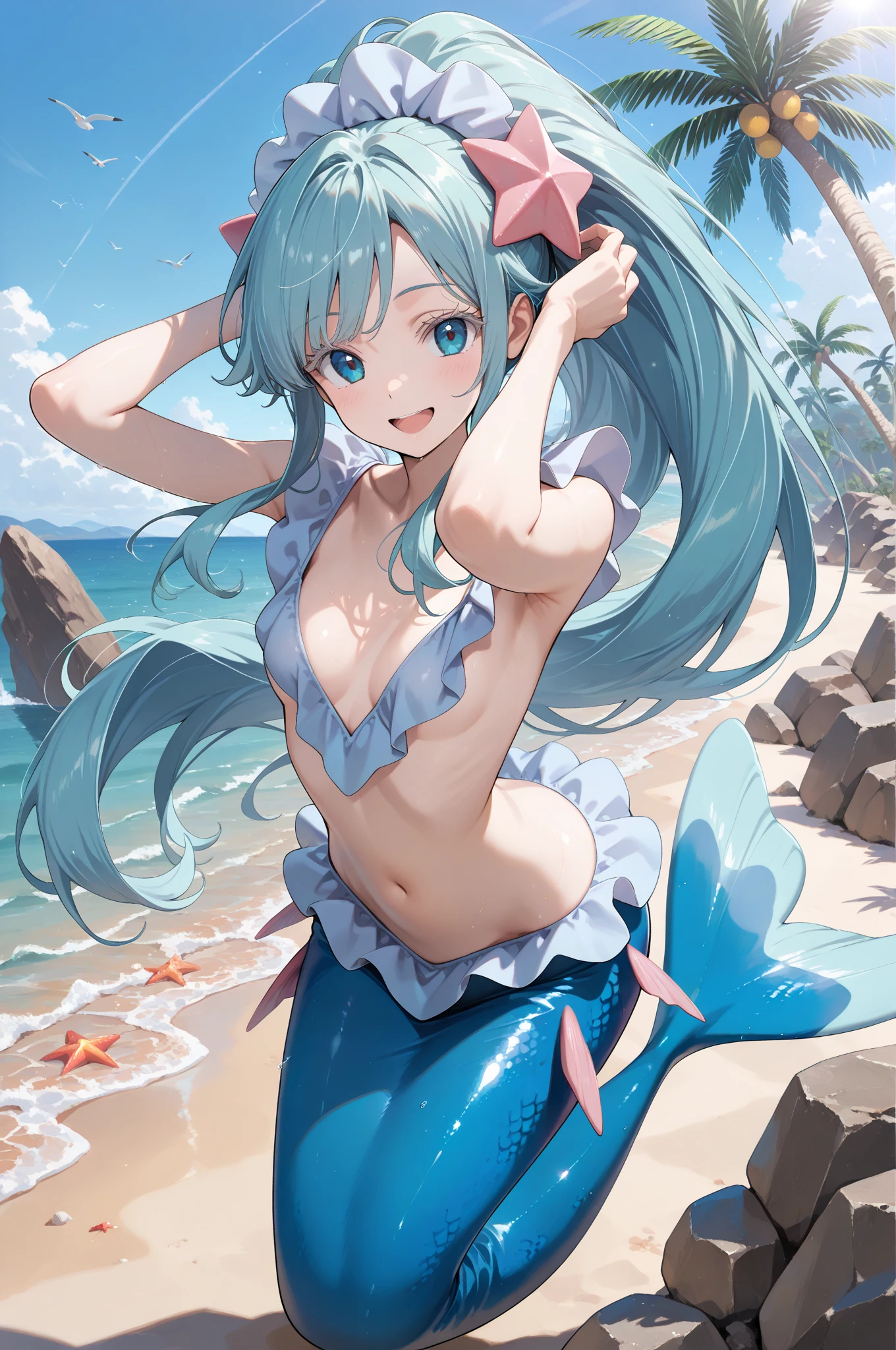 beautiful illustrations, highest quality, pretty girl, seaside、 pastel colour ,blue hair, green eyes、between legs、smile、blush、hands behind、mermaid、Fish fin、big breasts