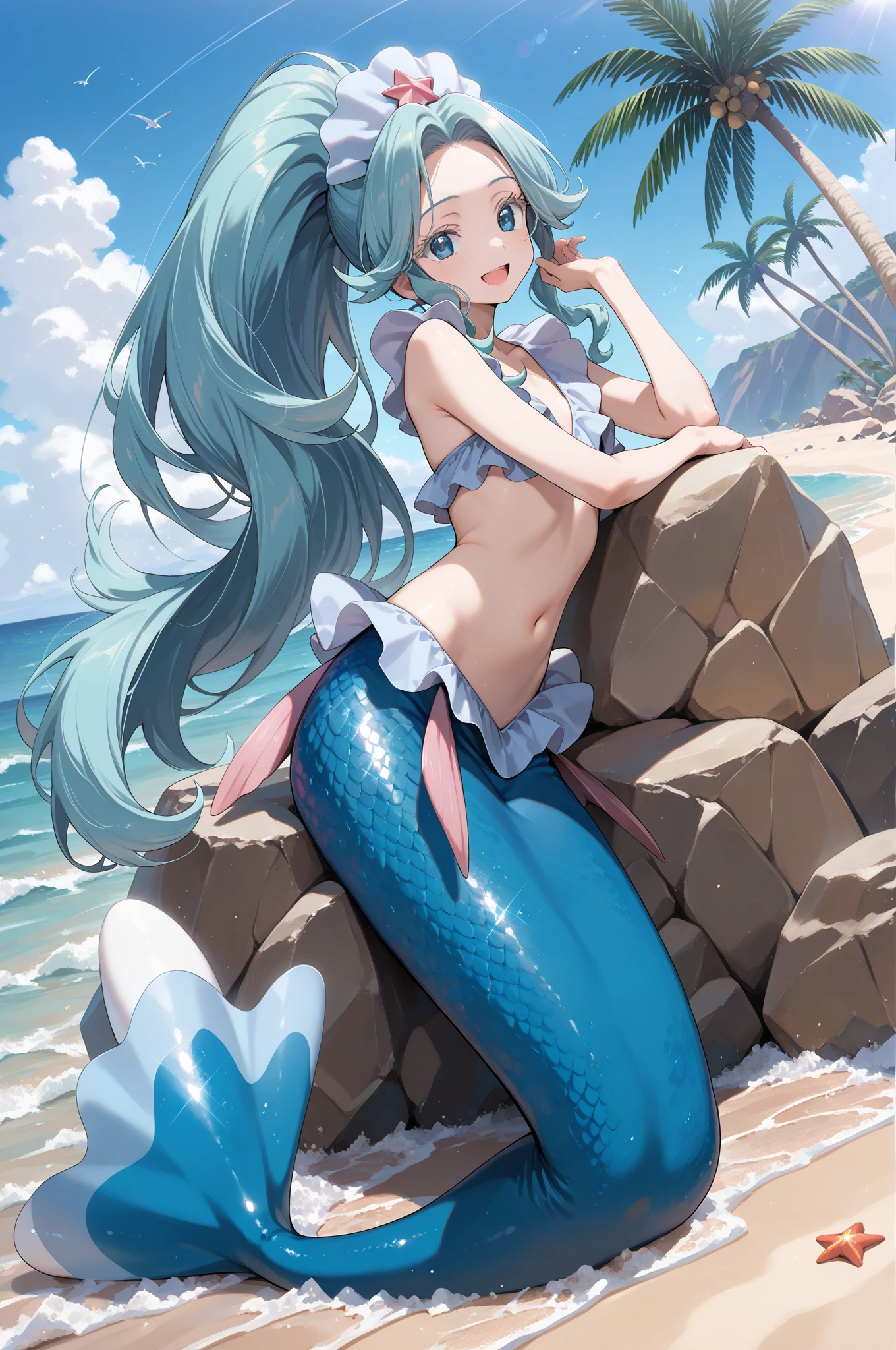 A woman on a beach or rocky shore, wearing a shimmering mermaid-inspired swimsuit or tail. She’s posed gracefully by the water’s edge, her reflection glistening in the clear blue sea. Her accessories might include seashell jewelry or a starfish hairpin, and she’s surrounded by ocean-themed decor like shells, coral, and a flowing net.