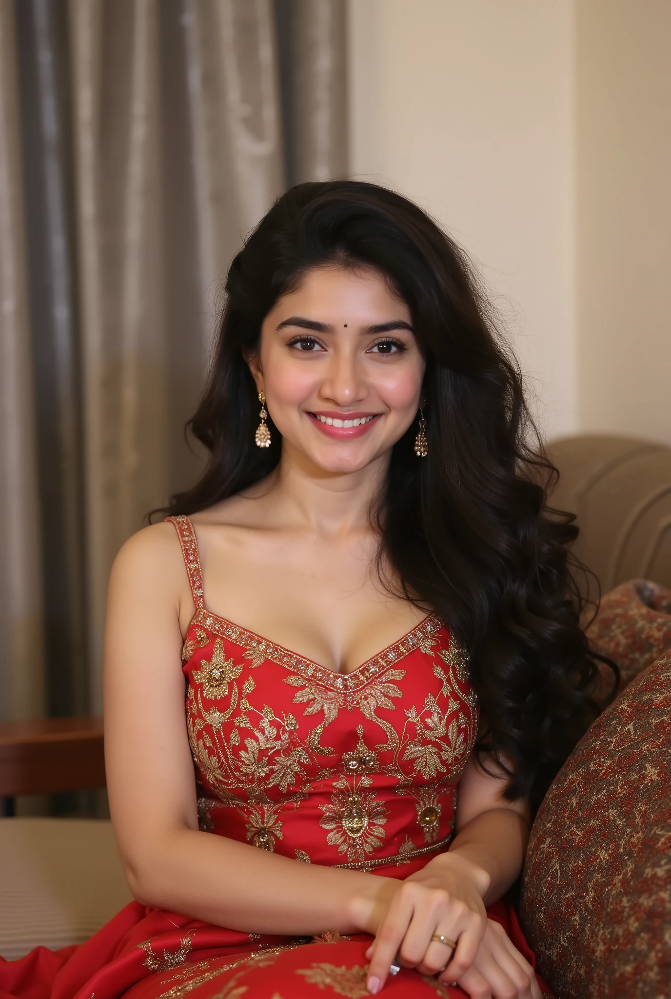 High quality, super precise, beautiful images, perfect anatomy, HDR, a serious and kind Japanese boy is feminized into a Muslim woman with voluptuous breasts over 100cm in circumference, large nipples and areolas. A room in an Arab country, a mosque can be seen from the window. an ecstatic smile