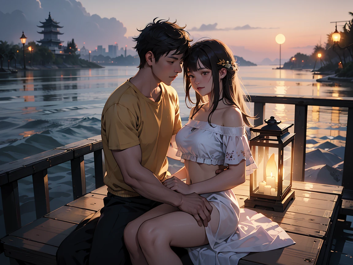 ((best quality)), ((masterpiece)), (detailed), a couple of lovers, by the lake, midnight, under the moonlight, fireflies, flowers blooming