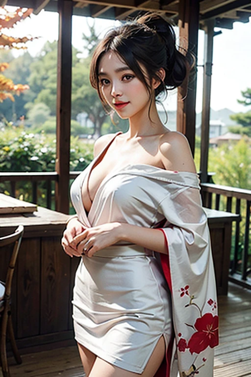 Highly detailed, best quality, ultra high res, (photorealistic:1.4), RAW photo, (upper thigh, from side:0.7), (bokeh:1.5), (onsen), (in suite:1.6), (detailed skin:1.3), (intricate details), ray tracing, 1girl, japanese girl, 21 years old, (huge breast: J-cup), detailed skin texture, body covered in sweat, (blush:0.5), subsurface scattering, smiling, black hair, (short hair: wolf cut), japanese girl wearing robe, cute, highly detailed, [32k hd]^10
