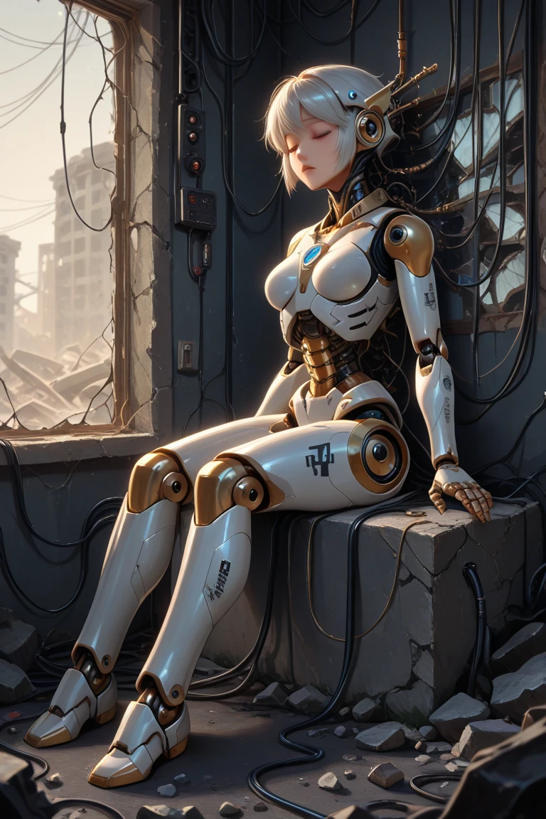 (((masterpiece))), ((((best quality)))), (((ultra-detailed))), (highly detailed CG illustration), ((maid mecha robot)),(cute delicate face),cinematic light,((1mechanical girl)),solo,full body,(machine made joints:1.4),((machanical limbs)),(blood vessels connected to tubes),((mechanical vertebra attaching to back)),((mechanical cervial attaching to neck)),((sitting)),expressionless,(wires and cables attaching to head and body:1.5),(character focus),science fiction ((RATING:SAFE))