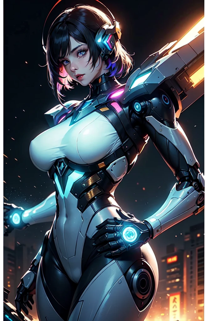 A girl is posing for a photo, cute女の子, Enchanting girl, Anime Girls,
(Black Hair、Very short hair with a bouncy outward curl、Shaggy Hair:1.4、Curly hair), (Red eyes, Slanted Eyes), Tanned dark skin:1.4, break
(((White plug suit))、((cyborg、mechanical、Robot Girl、Holding a glowing sword)))、
(((highest quality)), ((masterpiece)), (Very detailed), (High resolution), (Beautiful detailed sparkle), (High detail), (Anatomically correct)), ((Realistic)), ((The best CG)), Ultra-detailed art, CG illustration, 16k, 1080P, Oil paints:1.2,
(((One Girl))),
(Symmetrical facial features, Perfect Face), Beautiful clavicle, (Beautiful fingers), (Beautiful breasts, (Ccup)),
Beautiful body, Beautiful thighs, Beautiful feet, Perfect round butt, (((Detailed skin, Oily skin, Textured skin, Beautiful Skin))),
(((Baby Face, cute, 16 years old))), Double eyelids, Long eyelashes,
(Expression of fine eyes, Beautiful and delicate eyes, Sparkling eyes, Eye Reflexes),
(Beautiful Nose,Thin Nose),
(Glossy Lips, Beautiful Lips, thick lips),
(Beautiful Hair, Shiny Hair, Shiny Hair), Hair fluttering),
(Glaring、Angry、Screaming),
BREAK
(night、(SF、ruins)), ((Aggressive Pose、Fighting Pose、Cowboy Shot))