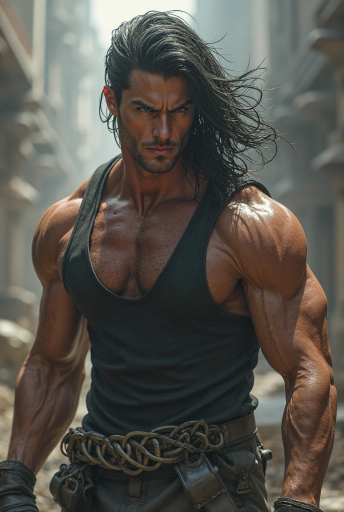 dark man broken hair , muscular arms, posing, women and cars in the background.