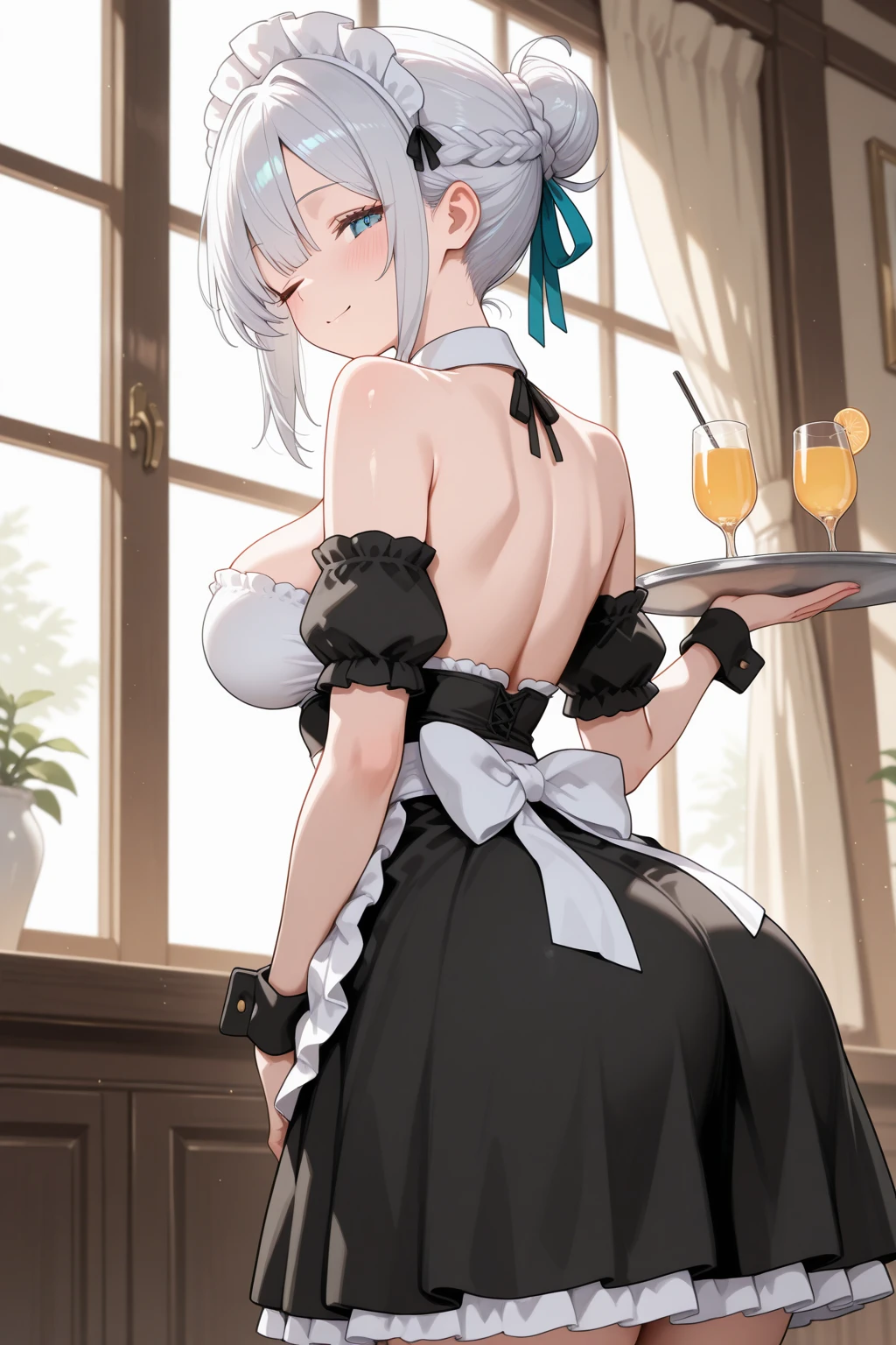 (from below:1.2),(from side:0.9), ((Face)), (Close-Up:0.4), (A masterpiece of image quality in 8K),(Beautiful Allafed Woman),(((emphasizing breasts:1.3))),(Dynamic angles),(Dynamic and sexy bending pose:1.3),(sit a chair:1.3),(Short hair in shiny silver and orange inner colors,large full breasts,Disturbance of clothing due to movement,breast slip,(Ponytail twisted buns adorned with elaborate braids and beads,Braided Setup Fishbone Hair:1.2),(see-through bangs),small breasts,(((A brown lace apron that shows your bare skin from under your small breasts.......)))、Blush with embarrassment、Enraptured eyes、 open mouth,A smile that beguiles the viewer、(Look back:1.7)、Look into the photographer,skin glistening with sweat,gazing at viewer,,(Professional Lighting),(masutepiece,top-quality,Ultra-high resolution output image,),(Ultra HD with complex detail image modes),depth of fields,Beautiful hands,Beautiful fingers,Detailed finger features,(Detailed hair features:1.7),detailed facial features,detailed clothes features, 