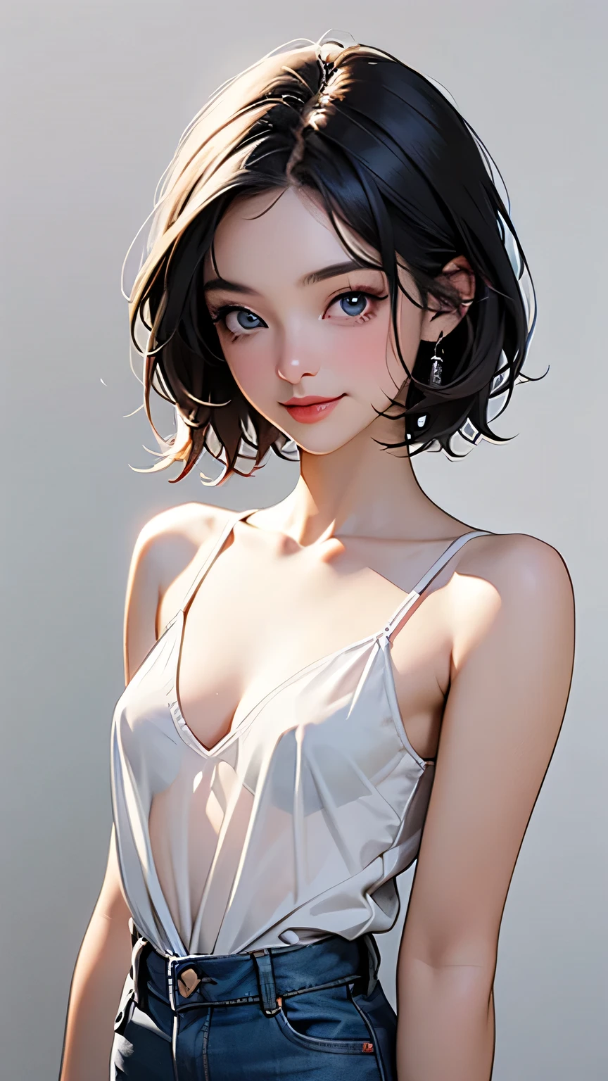 8K UHD、RAWphotograph、Model photo shoot、 European race、(masterpiece、highest quality、Photorealistic、High resolution、photograph:1.3)、Close-up、Focusing、Hot Model、slim、30 year old mature woman、Small face、No makeup、Short Hair、Dark Brown Haine beautiful eyes、Real Skin、(perfect body)、Sexy hot face、Erotic、Sexual gaze、slim、Sweat top、Detailed beautiful eyes、Glossy lips、Small breasts、Small breasts、Bust B cup、((Bright light、Dynamic lighting、Real、超Real、 Realism、Realistic details、Cool beauty、Cool pose、Background gray、Plain grey background