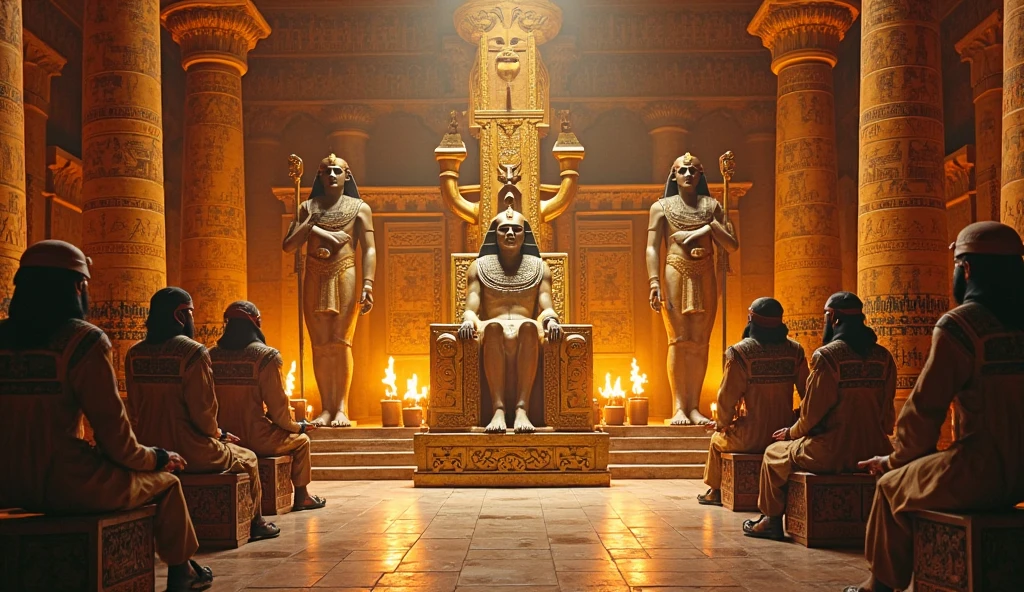 A golden panther on a pedestal in a large Egyptian temple, many primitive people, dressed in primitive tribal clothing, stand around the pedestal, making offerings to their divine panther whom they worship as a god.