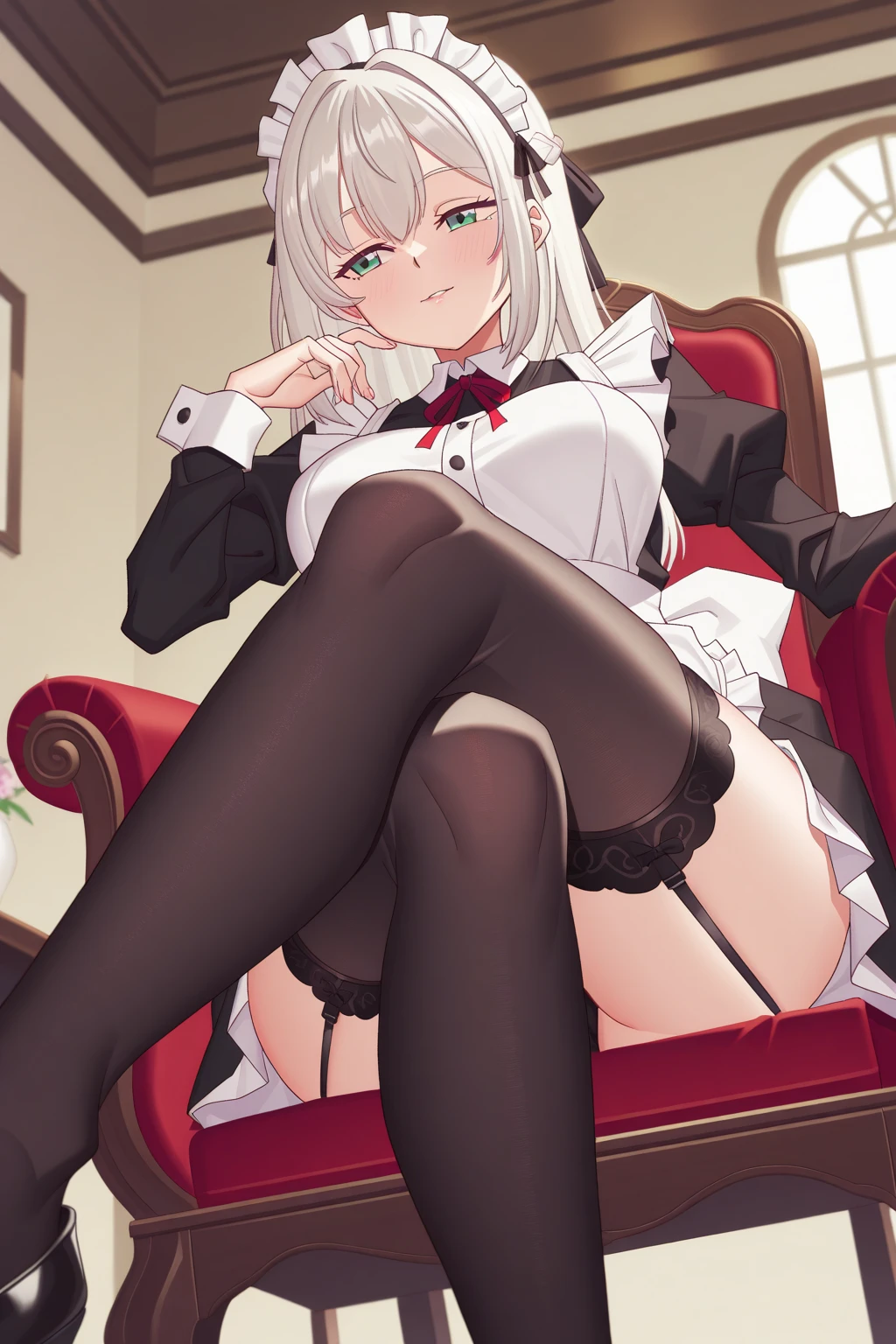 The part of the panties can be seen up the thighs, the thighs are slightly separated, the thong-shaped panties, and the bare legs.