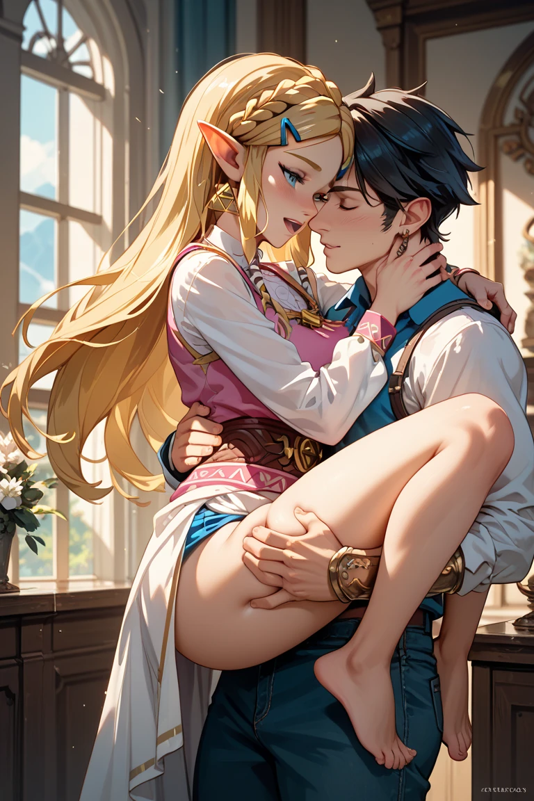 Masterpiece, stunning realistic, movie sex scene, best quality, Sharpness, 2 girls, princess zelda, lying on top of each other, kissing in bed, large breasts,, tongue kiss, closed eyes,full body (2girls, Zelda), short tight dress, sleeveless, cityscape, heavy rain,storm, dusk,dawn, twilight,sunset, full body, soaking wet, sensual body, closed eyes, (silhouette:1.2), wet ground, full scale portrait, total body, both faces kissing in frame