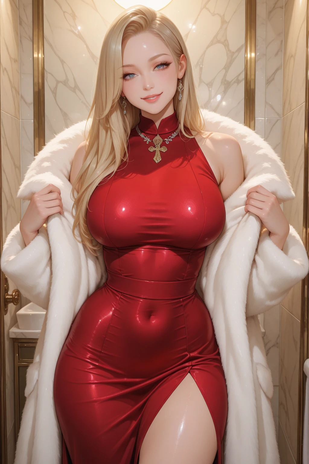 (()) (((sit on big gift box))) ((party decoration and balloms around)) ((sexy tall russian supermodel)) ((beautiful face)) ((happy wide smile)) (red gloss lipstick) (very dark eyeshadows make up)) ((big bright blue eyes)) ((very long messy blonde hair)) ((pale skin)) ((very huge breast:1.5)) ((perfect slender body torso1.3)) ((wears red tiny string red sequin dress)) ((red choker, earrings, red stocking)) ((many gift box around))((beauty supermodel inside dark photo studio, birthday party decoration, balloms floating around))(high resolution, dynamic shadows)((photorealistic:1.5)) ((masterpiece:1.3))⁷⁶ (8k) (perfect face) ((best quality:1.4)) (perfect hands and eyes)