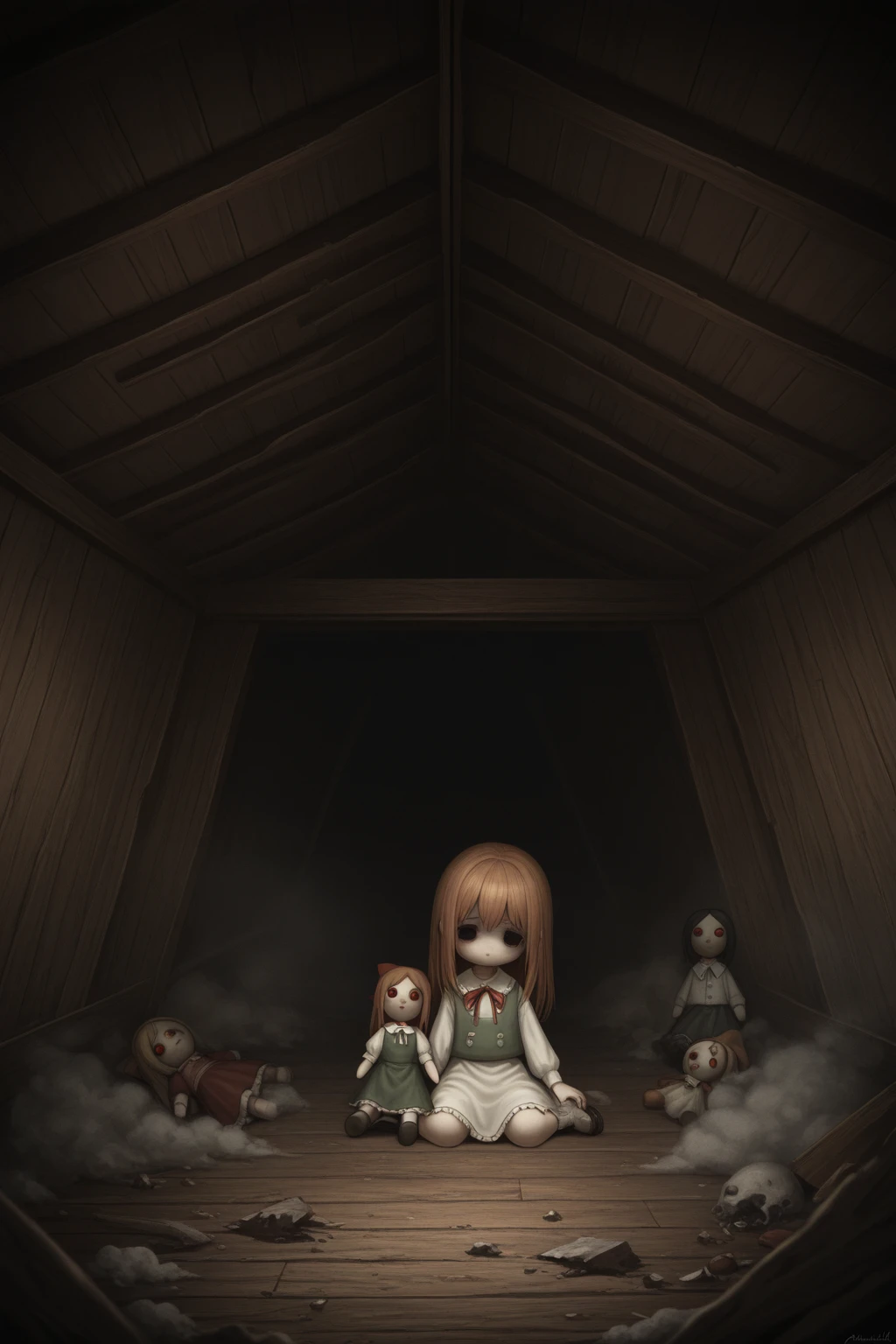 Create a anime image of Creepy and mysterious image of a mother with her 2 children in a room
Very scary
Dark
