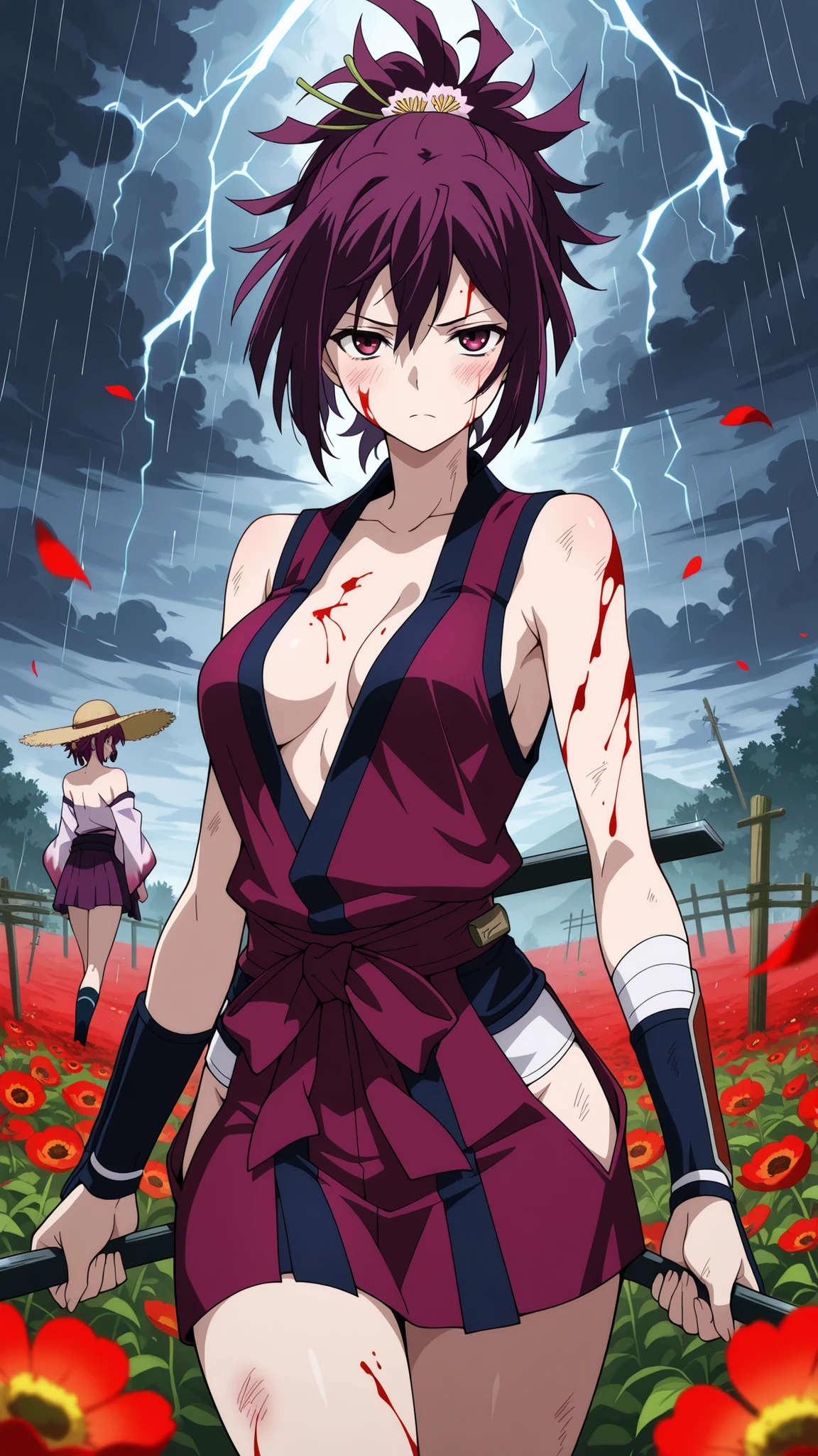 BREAK (masterpiece:1.2), best quality, high resolution, unity 8k wallpaper, (illustration:0.8),Endless field of crimson poppies thrashing under torrential rain, each thunderclap illuminating the petals like pulsing veins,distant farmhouse, Storm clouds bruise the sky purple as lightning forks between broken fence posts,yuzuriha, hair ornament, purple eyes, ponytail, purple hair,cleavage, japanese clothes, bare shoulders, collarbone, side slit,cleavege,collarbone,straw hat,floating dress,short dress,blush,raised hips,seductive expression,serious face,cross legs,cowboy shot,from behind,blood on face,blood on body.