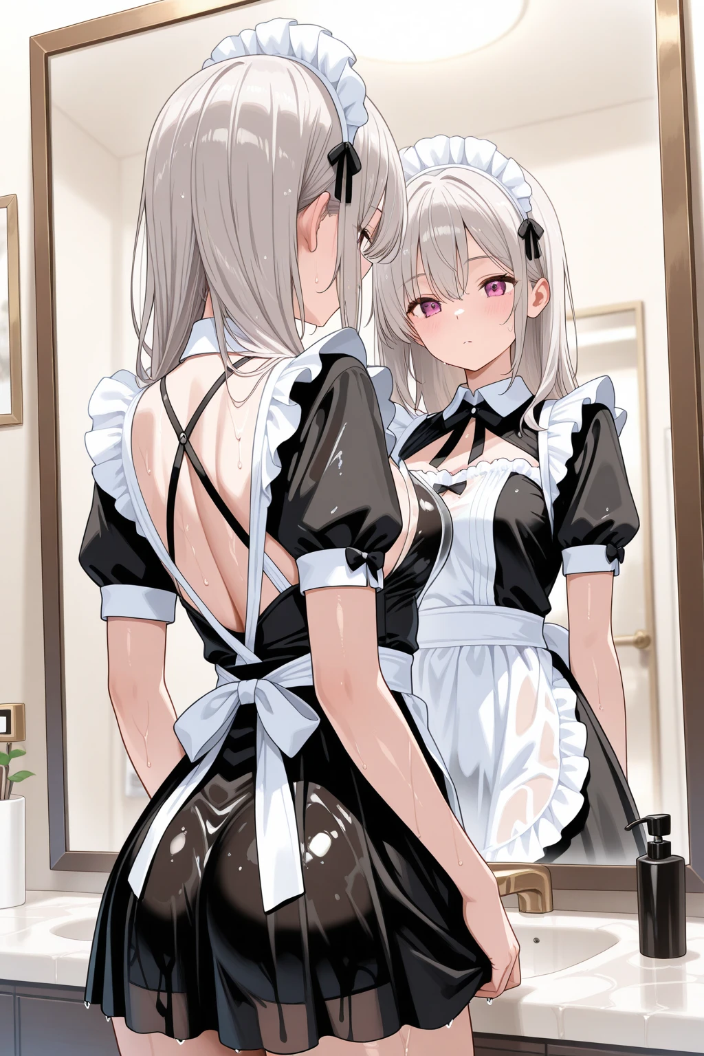 highest quality、masterpiece、((2 girls:1.5))、((smile:1.3))、(blush:1.3)、Black Shirt、blouse、((fun!!))、(Small breasts)、()、Blonde、(Long sleeve)、((White apron:1.5))、((Maid))、((hair ornaments)),、Kamimei、look at me、 ((in house:1.5))、 Taking a break from watching the audience、Cowboy Shot、(Skirt lift:1.3),(Highly detailed pink striped panties:1.3)、(Highly detailed panties:1.3)、、(スカート that rolls up:1.3)、(Panties fully exposed:1.5)、Light blue eyes、long hair、Glowing Eyes