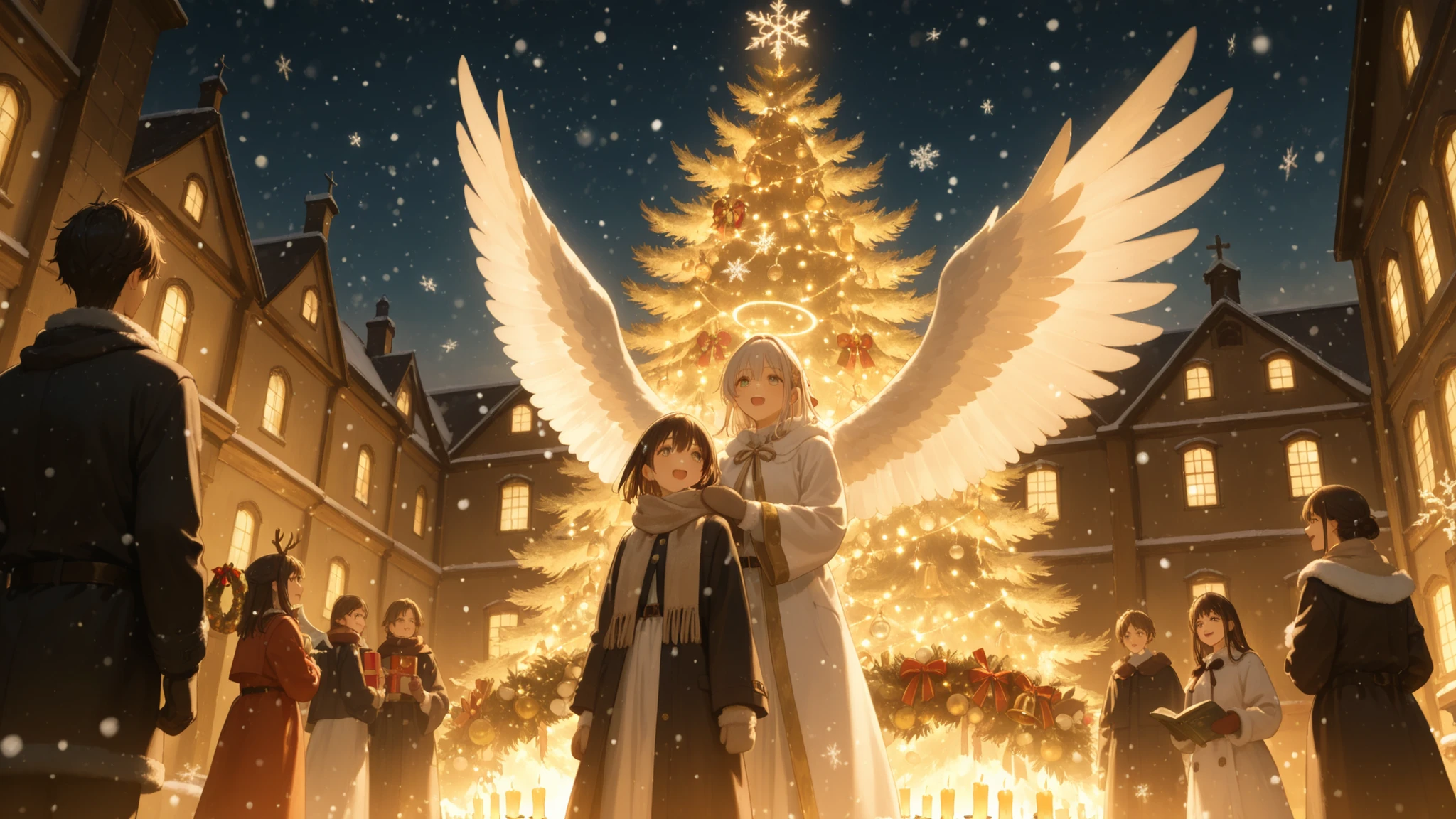 A heartwarming and magical Christmas Eve scene in detailed Japanese anime style, inspired by the song “Angels We Have Heard on High” — a glowing angel descending gently over a snowy village during a Christmas midnight mass. The angel is surrounded by soft golden light and floating musical notes, with large feathered wings and a flowing white and gold robe. Below, the village is decorated with Christmas lights, wreaths, and candles in every window, as families gather around the church for the holy night. Children in scarves and mittens look up in wonder, holding small presents and caroling books. A large Christmas tree sparkles in the town square, while snowflakes drift through the air. The mood is sacred, joyful, and full of Christmas spirit — captured in the elegant and emotional style of Japanese anime.
