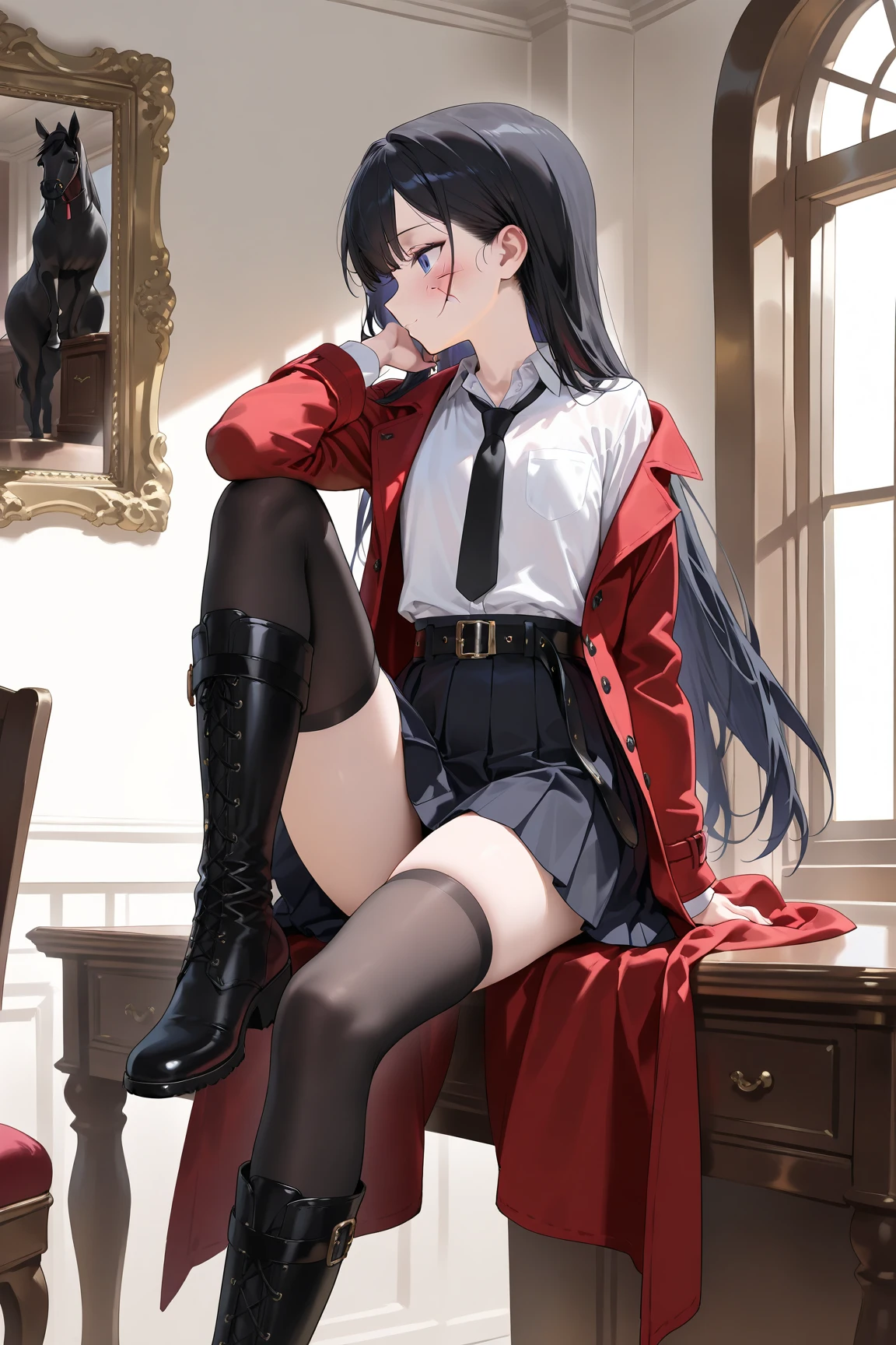 A woman named Marnie. She has short, curly and wavy dark brown hair. She has black eyes. Her personality is calm, blank, introvert. She is wearing dark red suit. She wearing white boots. 