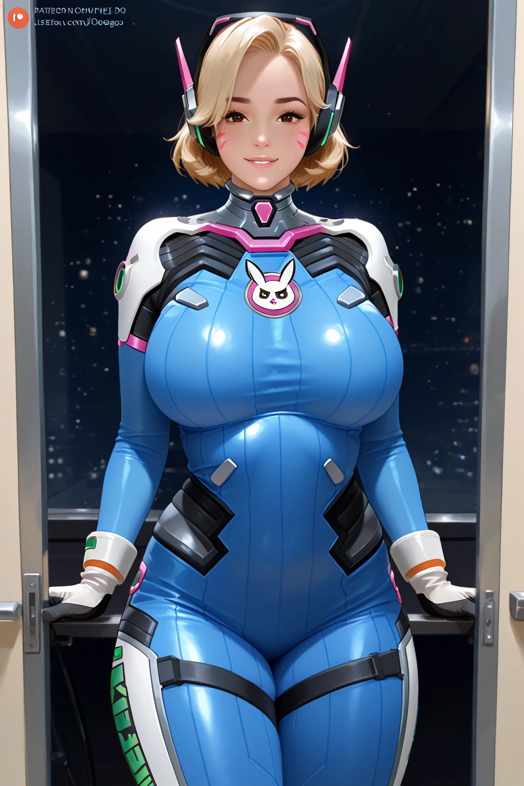 Belle Delphine cosplaying Wattson from Apex Legends, best quality, 16k, high resolution, detailed, reduced saturation,blonde hair, orange jacket, white jumpsuit, blue undershirt, natural lighting, no makeup, photography, full body photo, sexy version of Wattsons outfit, breasts exposed, short bob hair (Wattson)