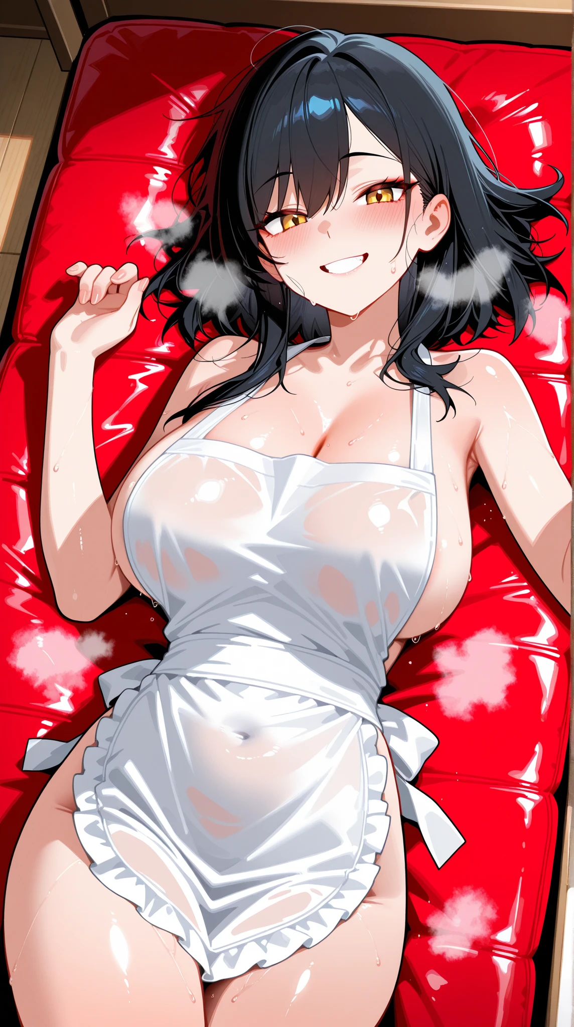 (Magazine cover),wavy hair,Japanese mature woman, Bright big eyes(Wearing a red lace halter dress),(Tanned skin),Blushing,Sweat all over the body,Perfect breasts,Perfect body,Lying in bed,Lying in bed,legs apart,Urine,uhd, masterpiece, high details, high quality, best quality, highres